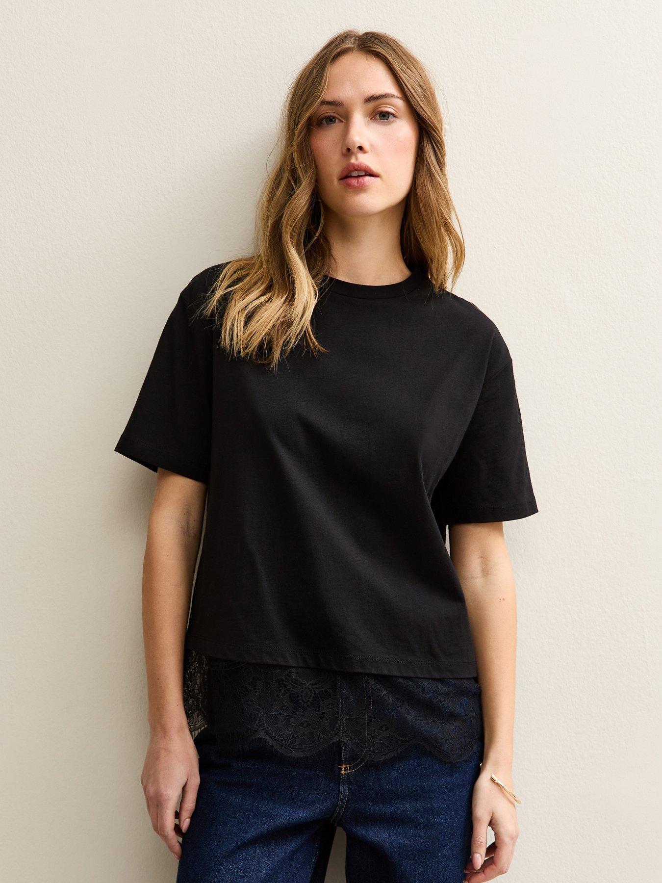 New Look Black Lace Hem Boxy T-shirt
