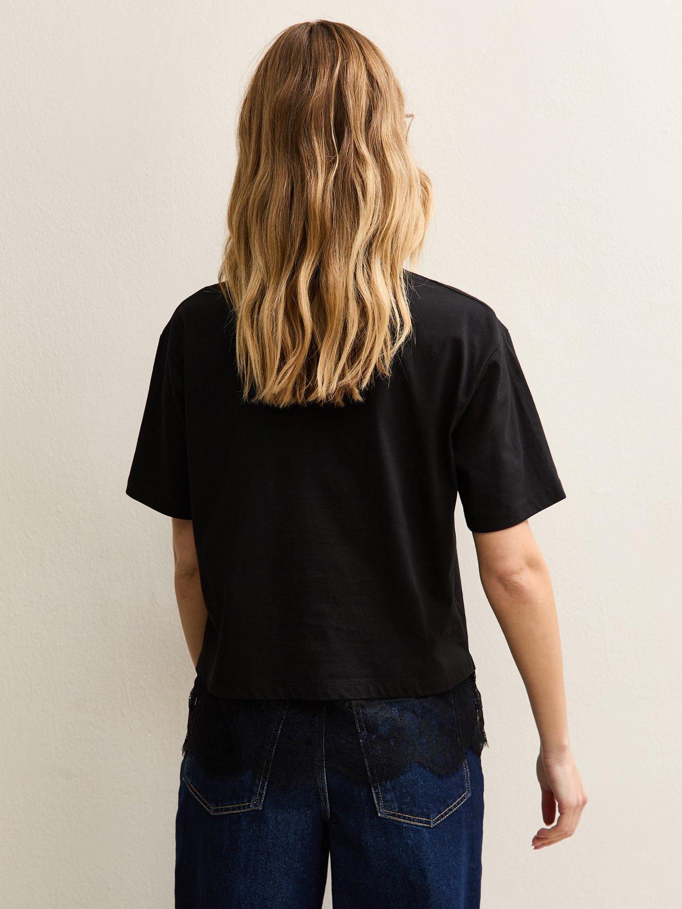 Image 2 of 5 of New Look Black Lace Hem Boxy T-shirt
