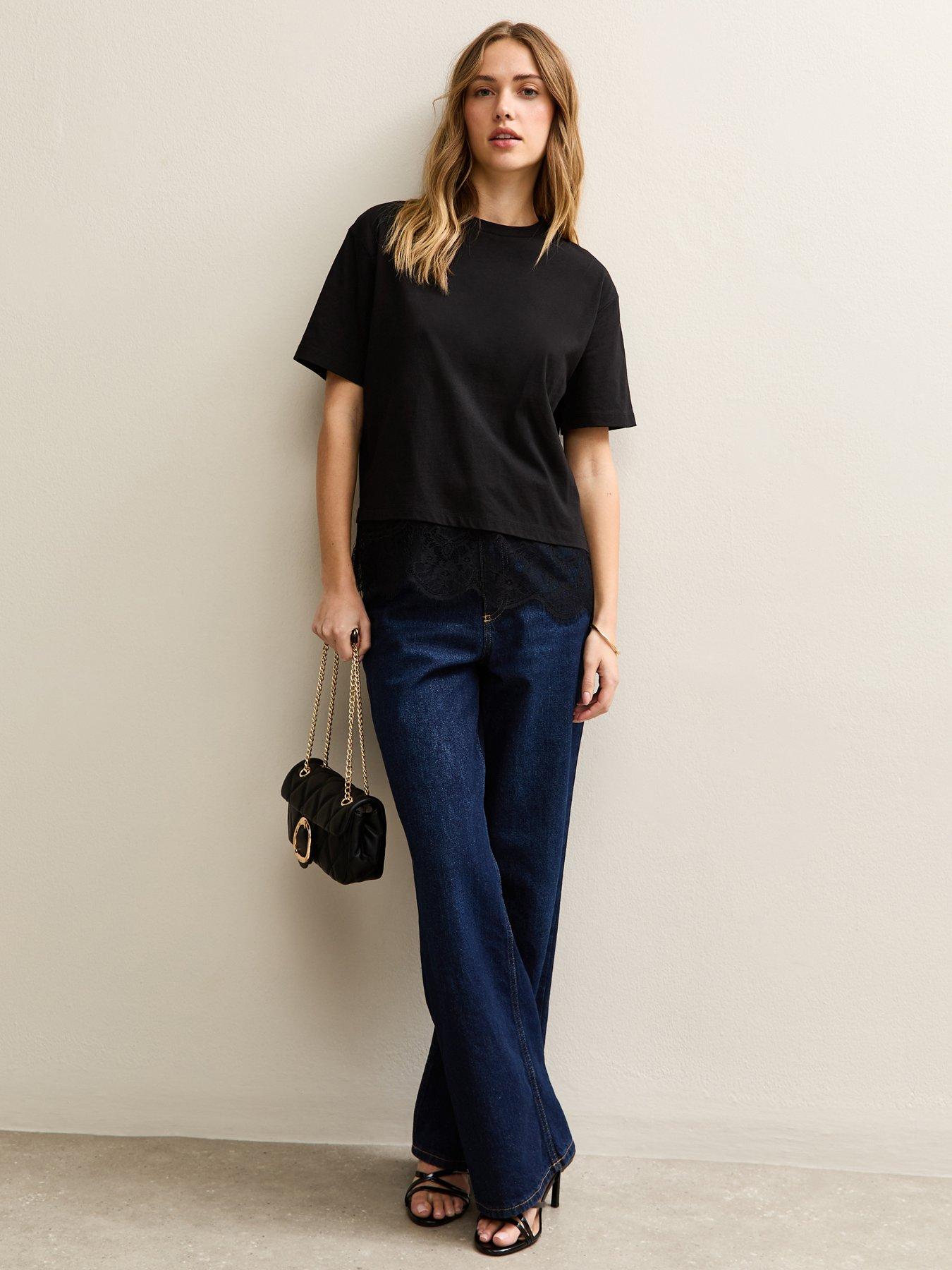 Image 3 of 5 of New Look Black Lace Hem Boxy T-shirt