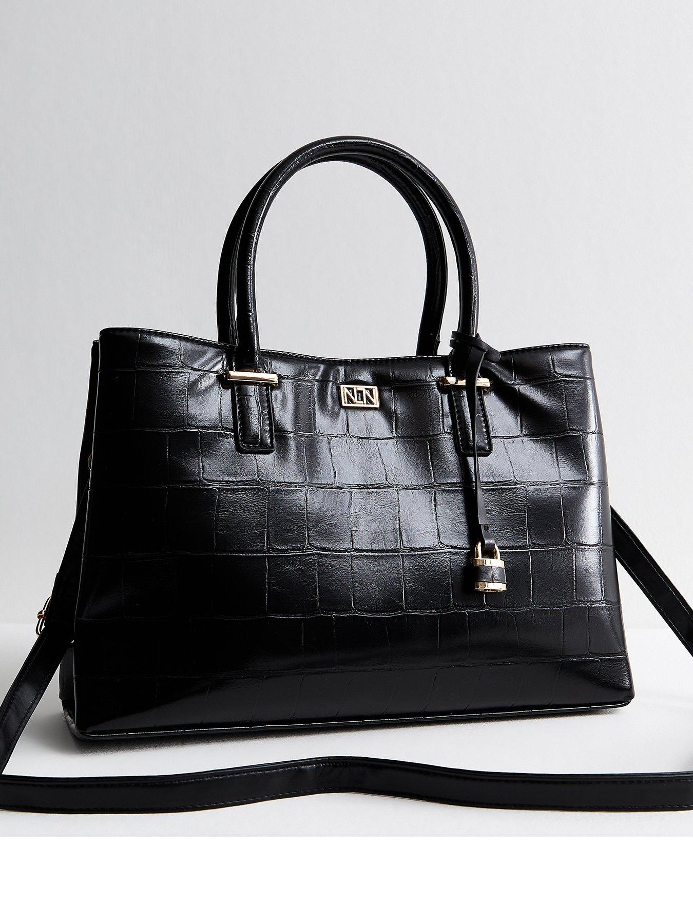 new-look-faux-leather-croc-embossed-triple-compartment-tote-bag-black