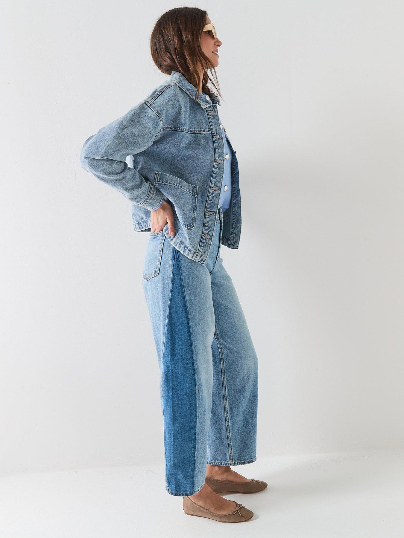 Image 4 of 6 of Vero Moda High Rise Barrel Two Toned Jeans - Medium Blue