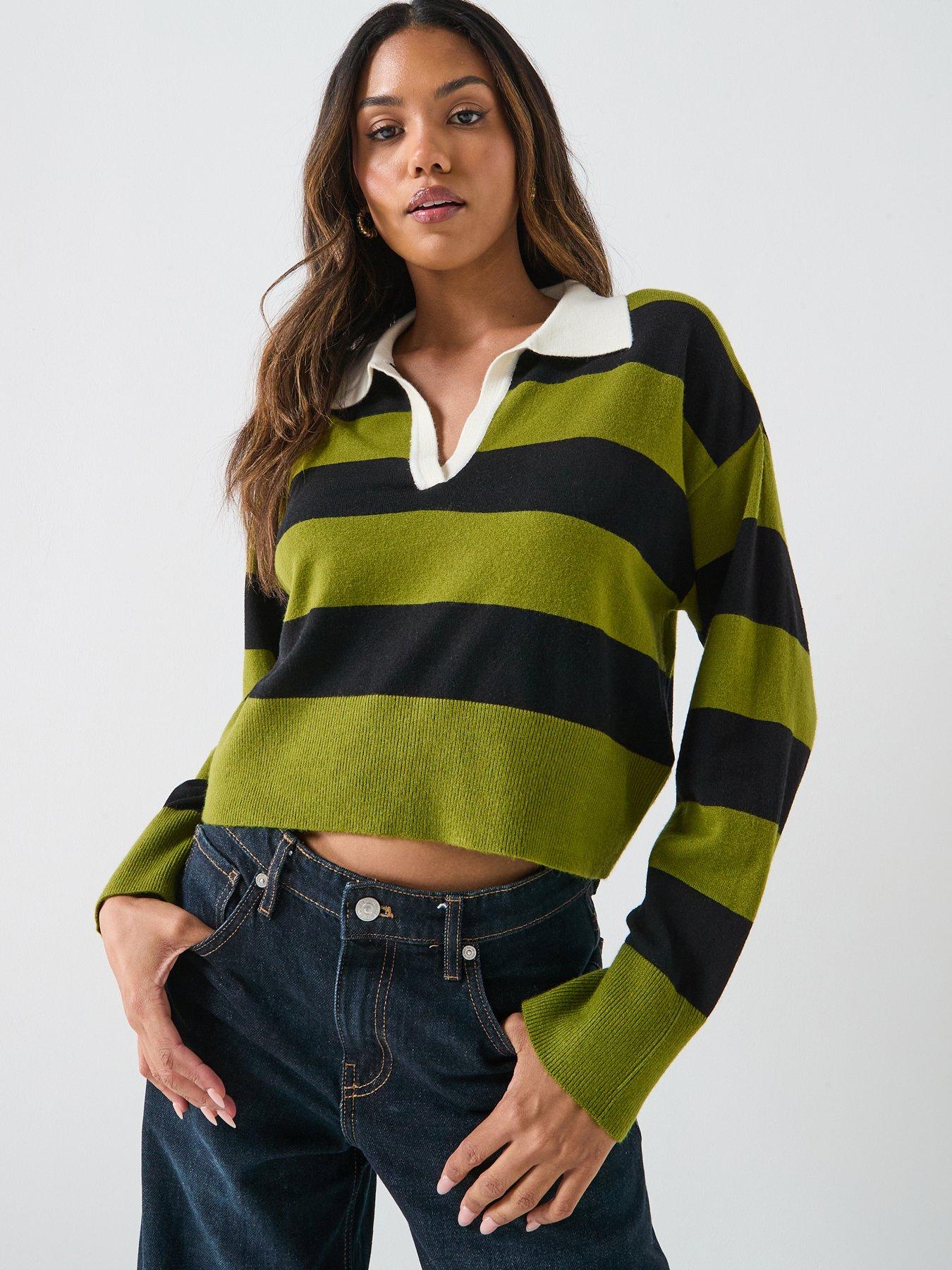 Only Long Sleeve Striped Knitted Polo Top - Green