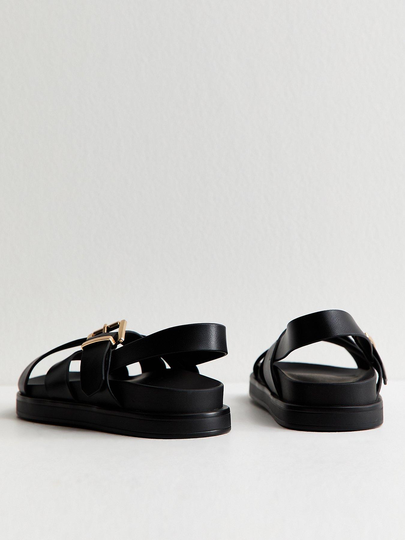 Image 3 of 5 of New Look Faux Leather Multi Strap Chunky Flat Sandals - Black