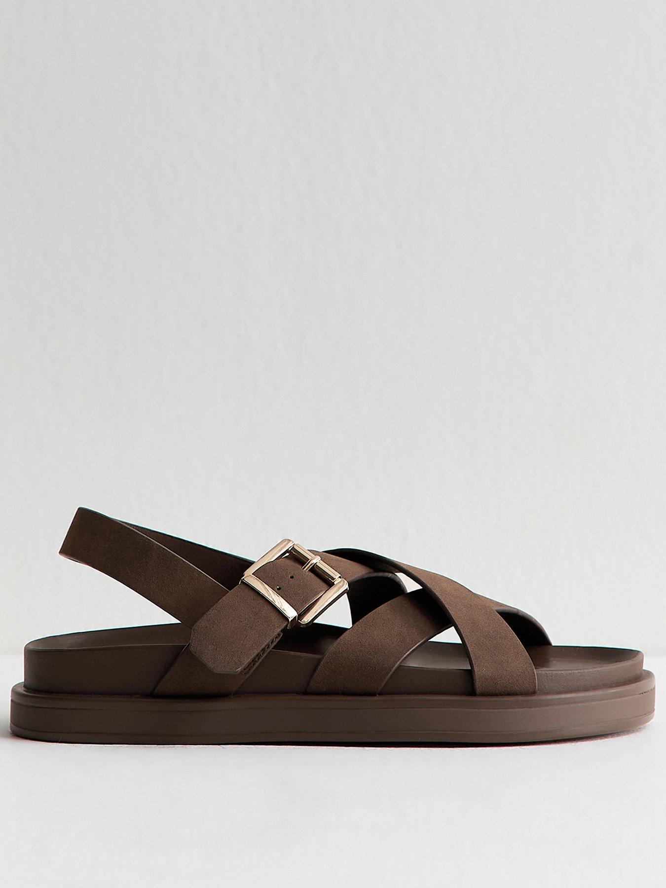 New Look Faux Brushed Leather Multi Strap Chunky Flat Sandals - Brown