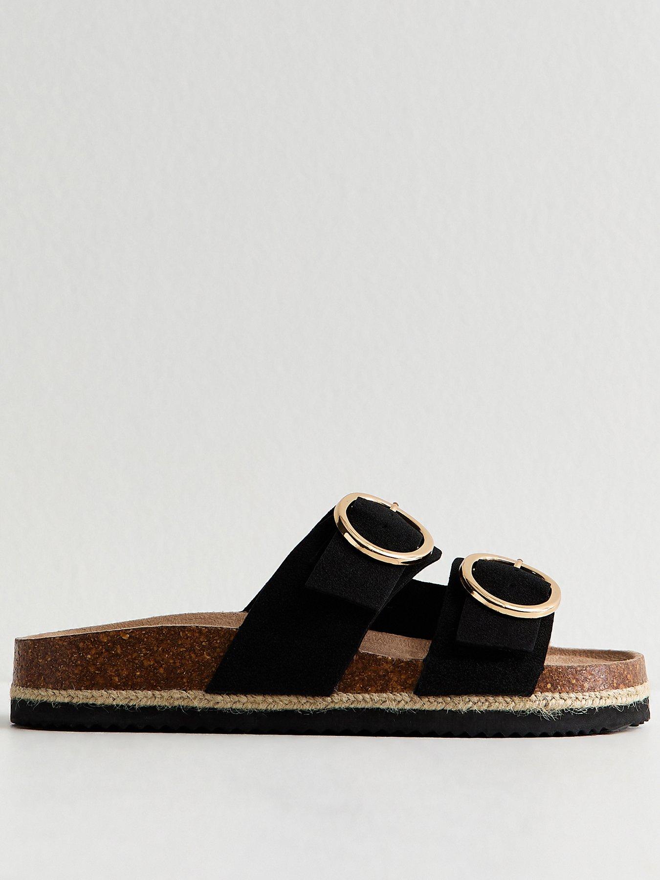 Image 1 of 5 of New Look Wide Fit Faux Suede Round Buckle Sandals - Black