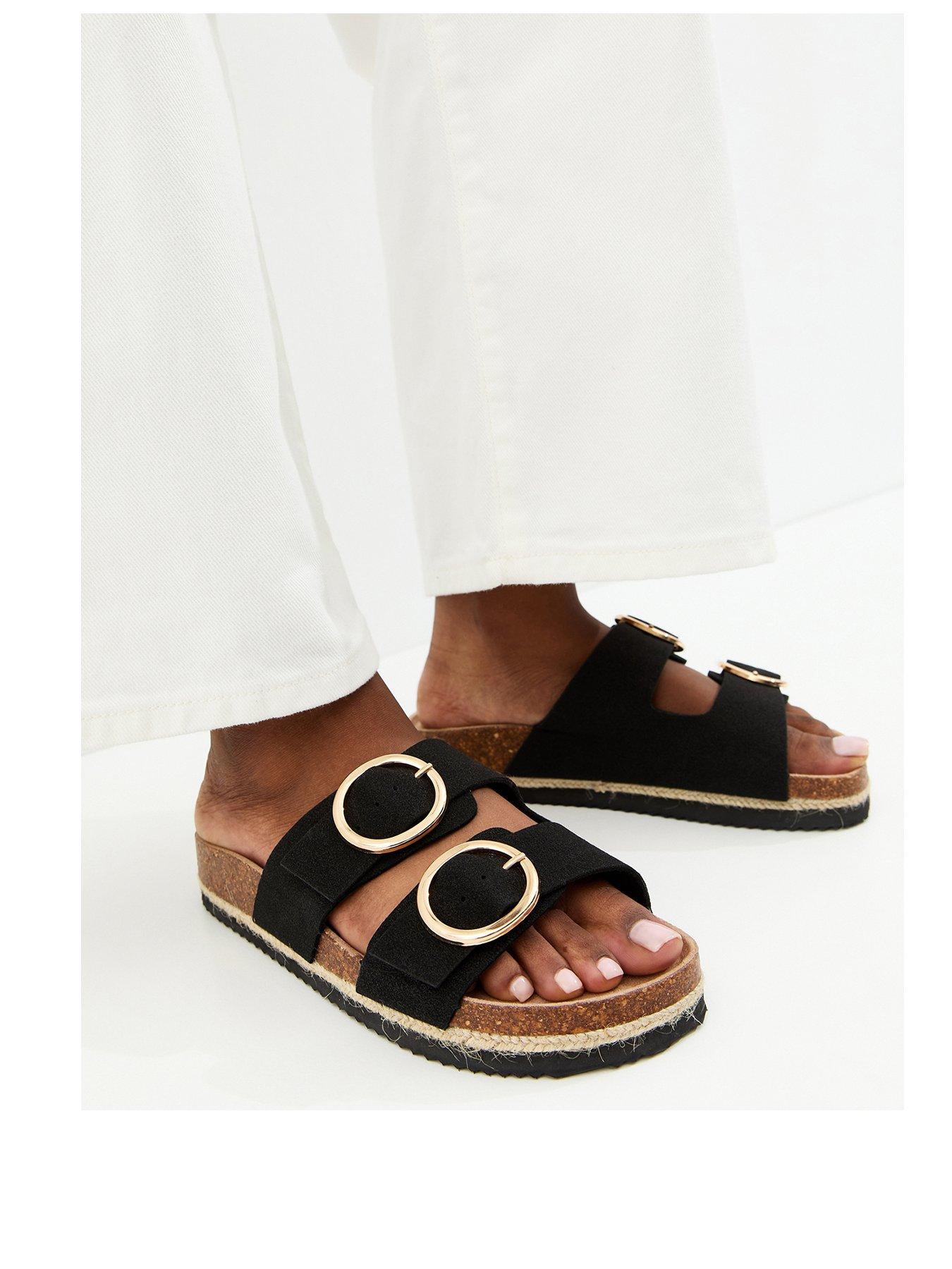Image 2 of 5 of New Look Wide Fit Faux Suede Round Buckle Sandals - Black