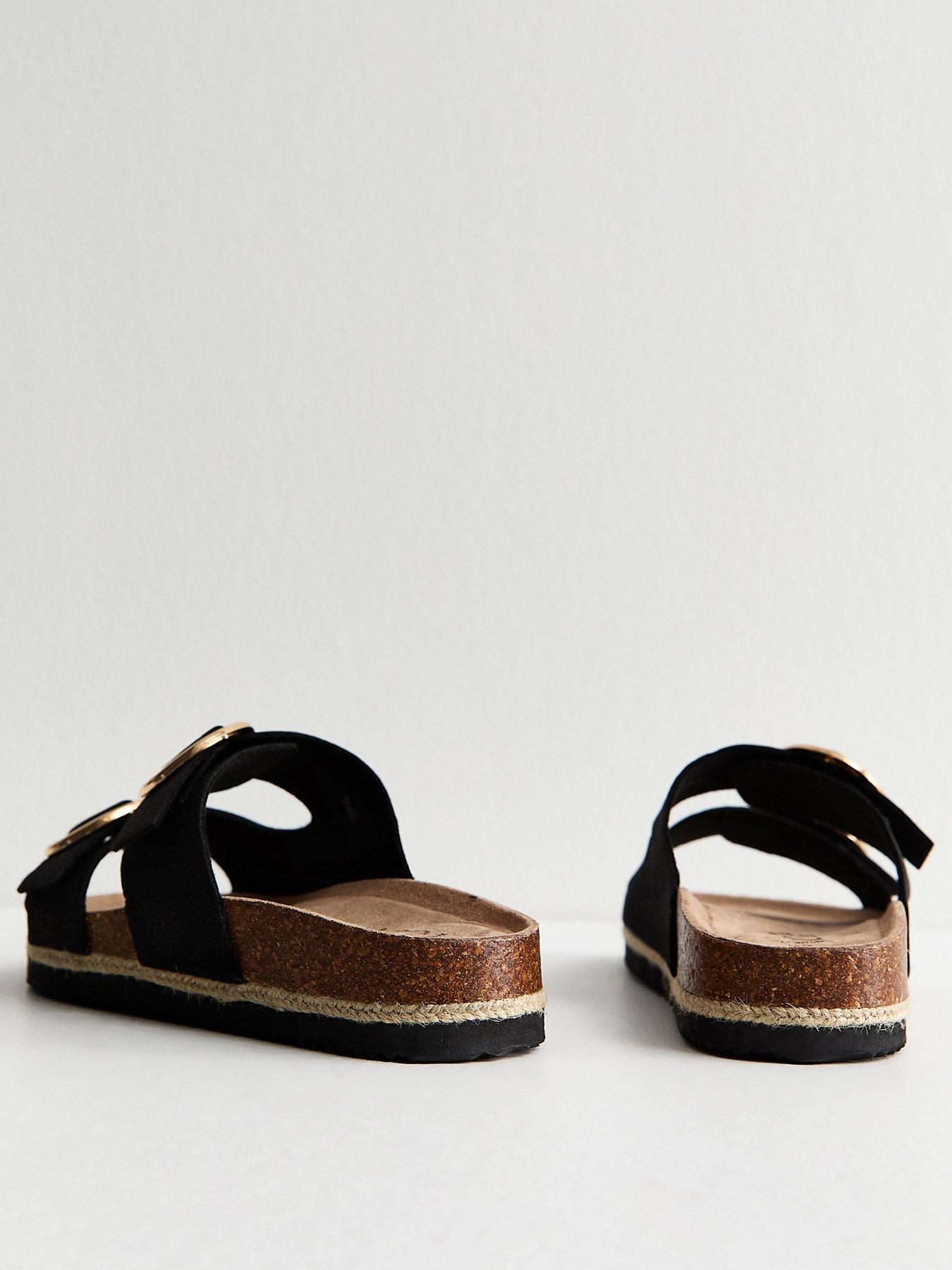 Image 3 of 5 of New Look Wide Fit Faux Suede Round Buckle Sandals - Black