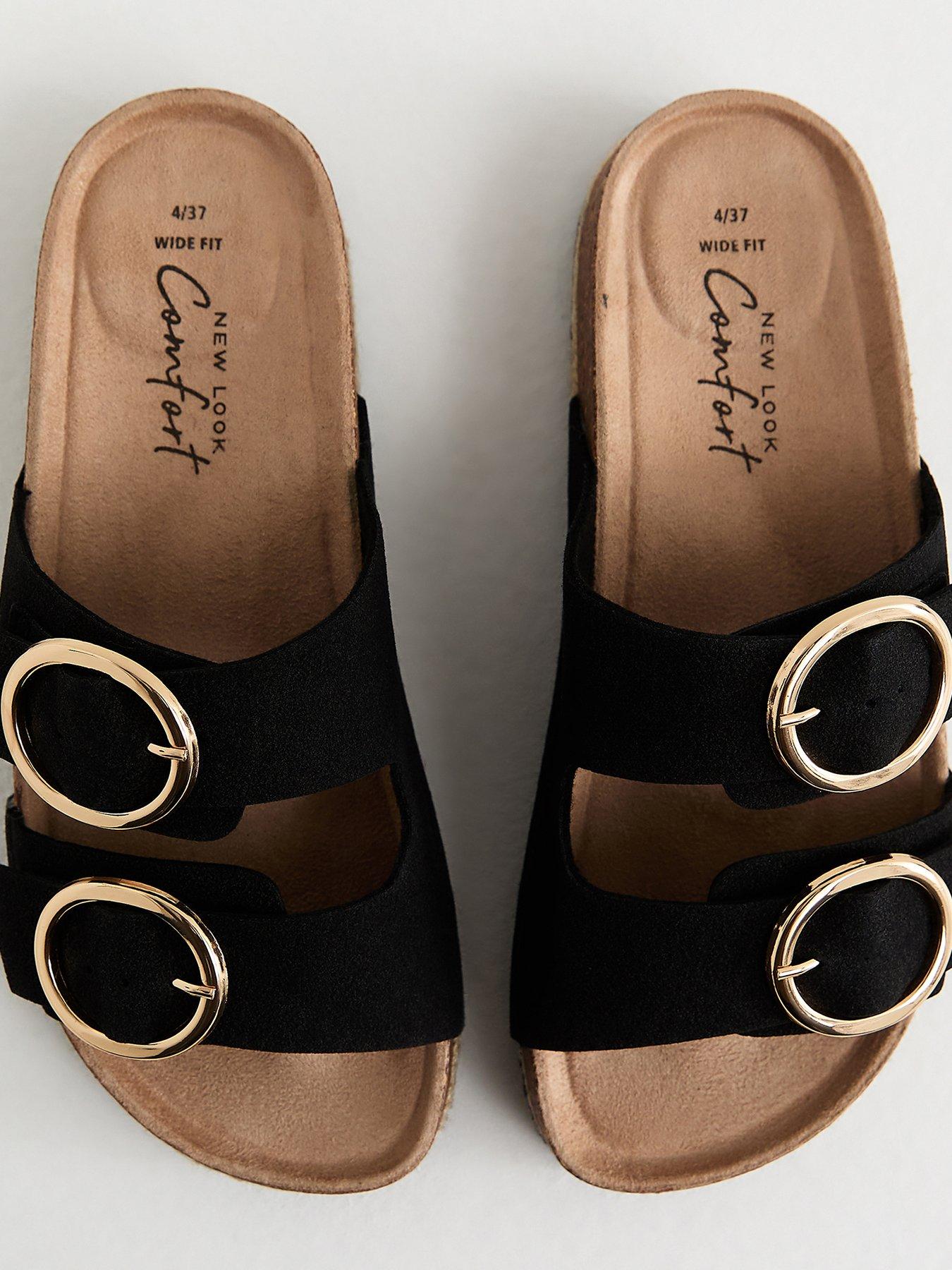 Image 4 of 5 of New Look Wide Fit Faux Suede Round Buckle Sandals - Black