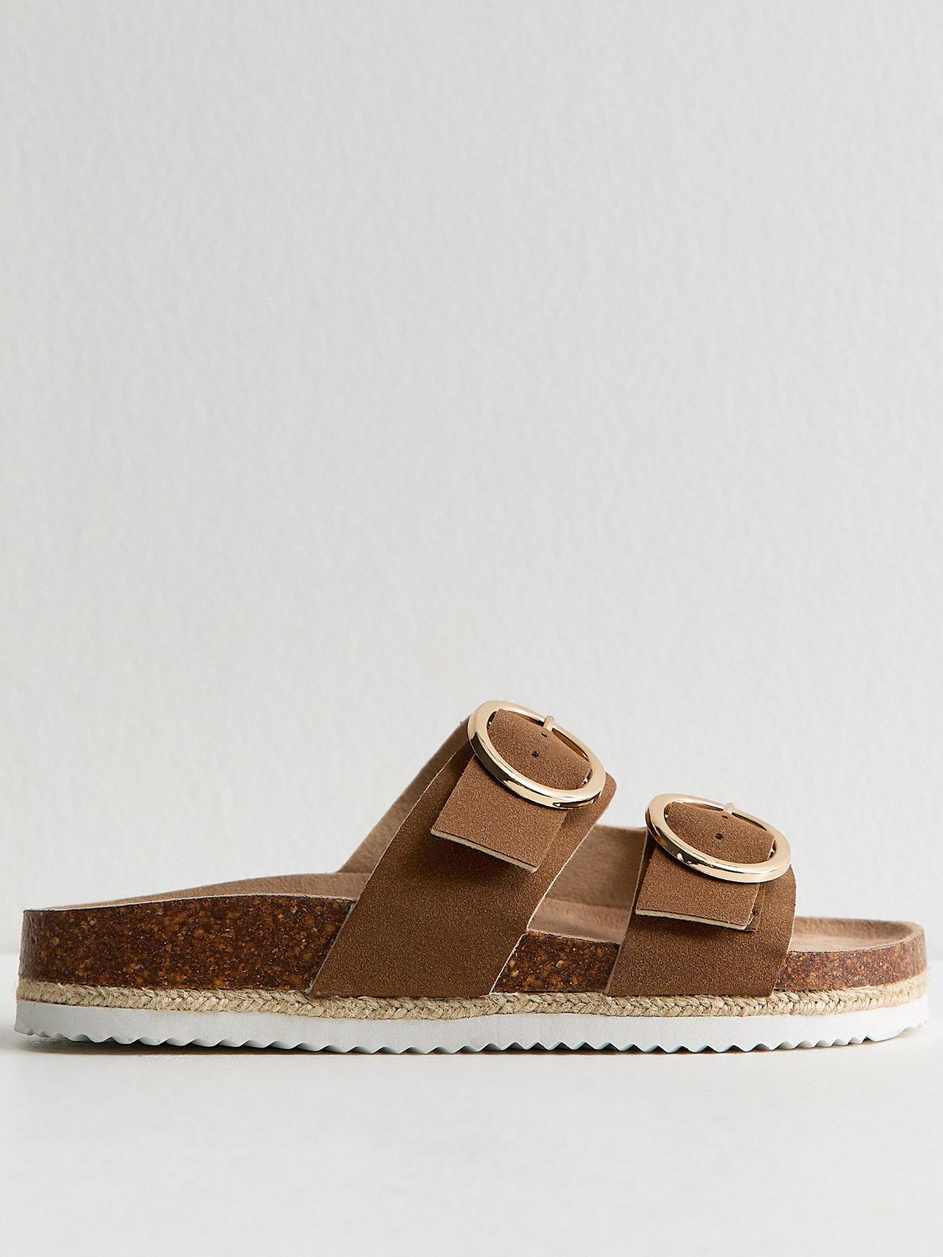 New Look Wide Fit Tan Faux Suede Round Buckle Sandals - Brown | Littlewoods