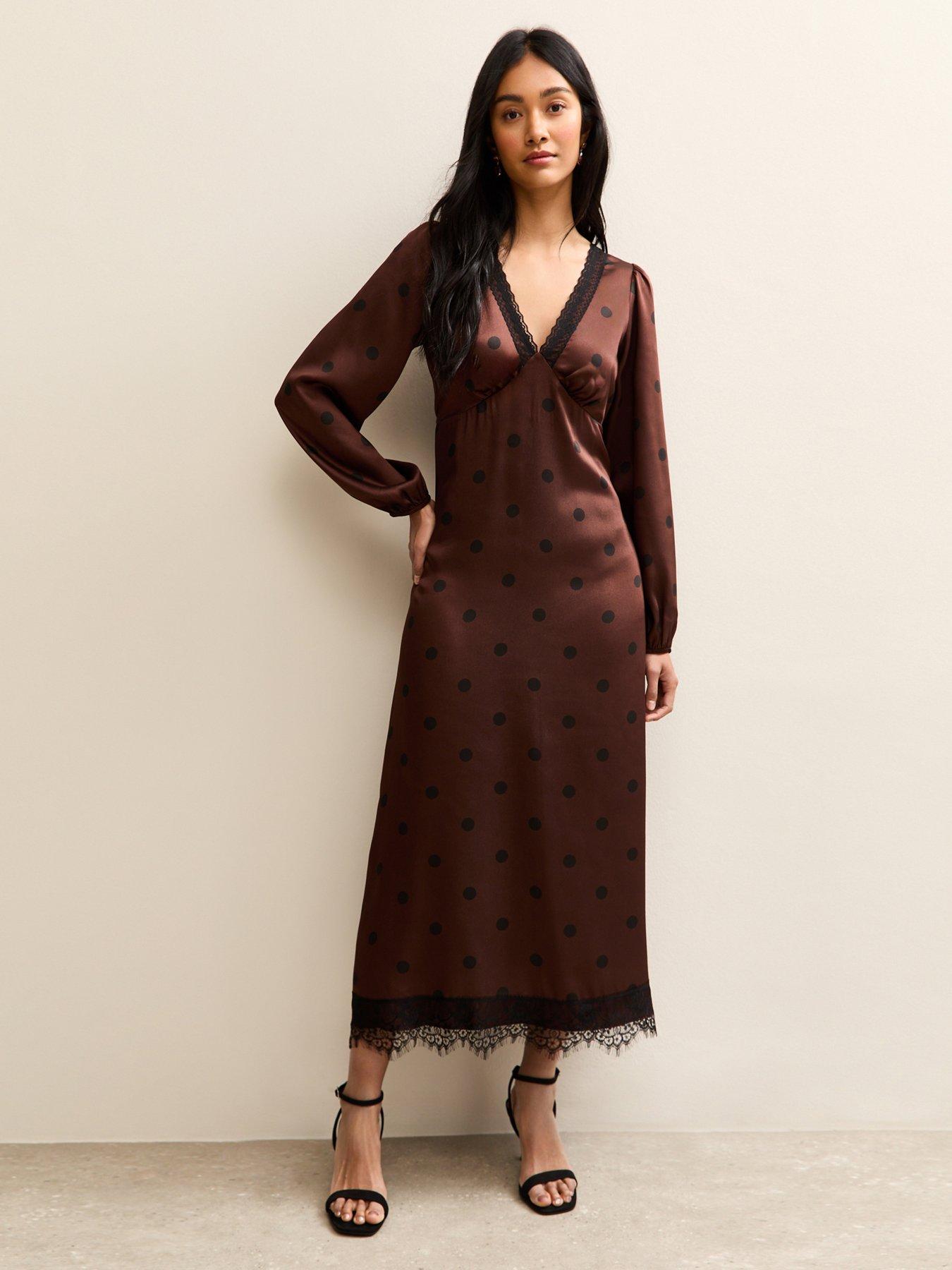 Image 1 of 5 of New Look Polka Dot Tea Midi Dress - Brown