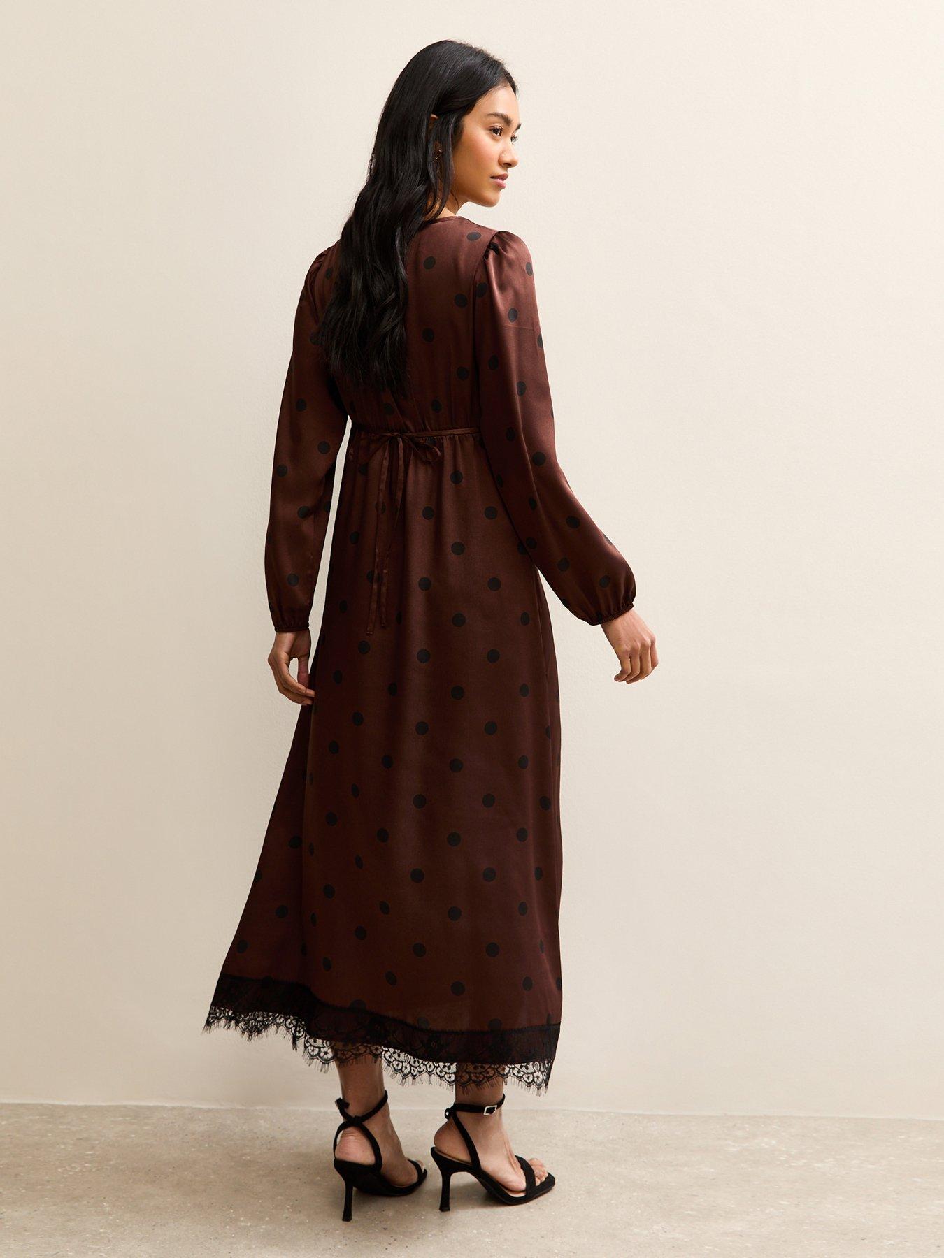 Image 2 of 5 of New Look Polka Dot Tea Midi Dress - Brown