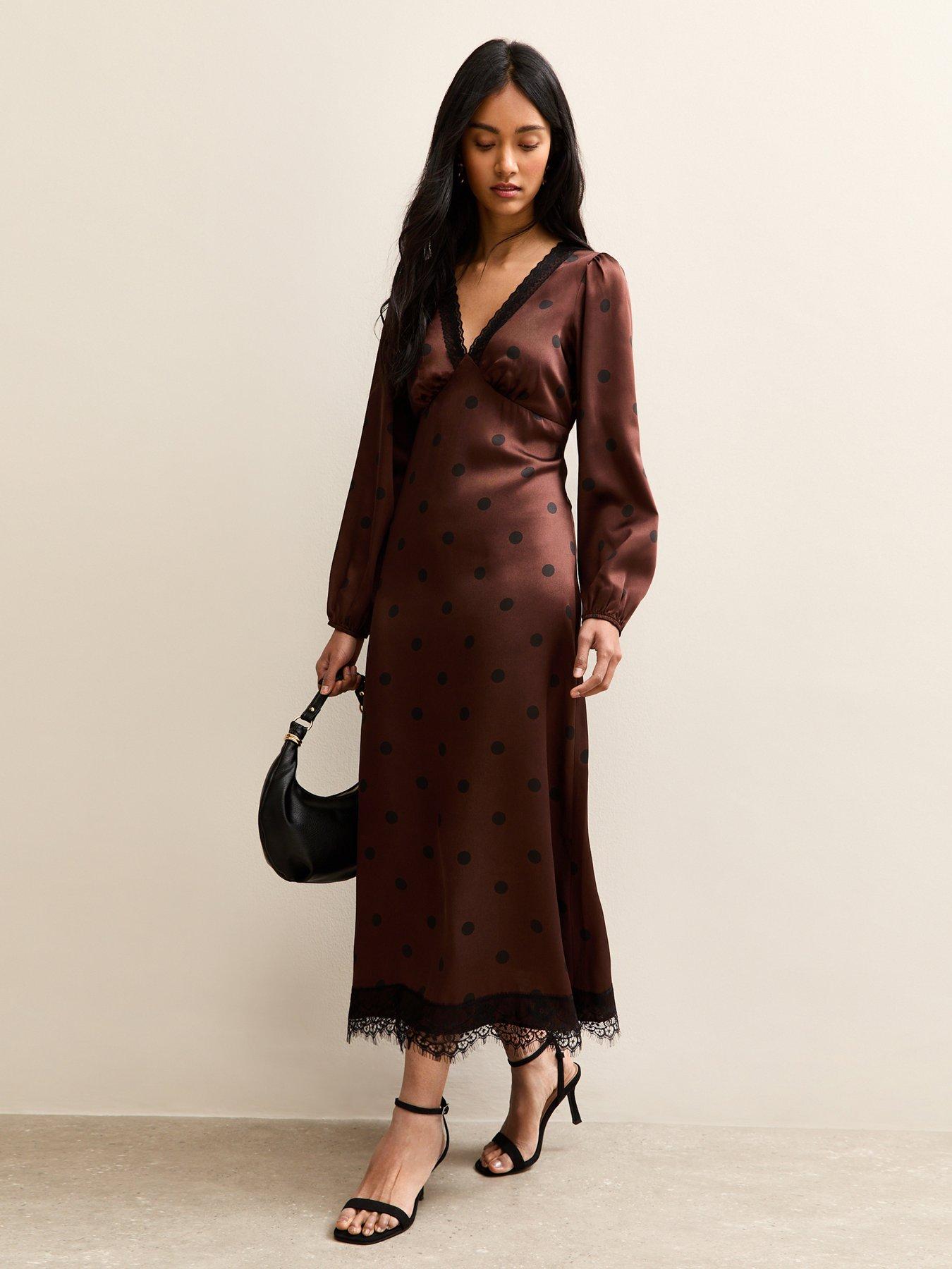 Image 3 of 5 of New Look Polka Dot Tea Midi Dress - Brown