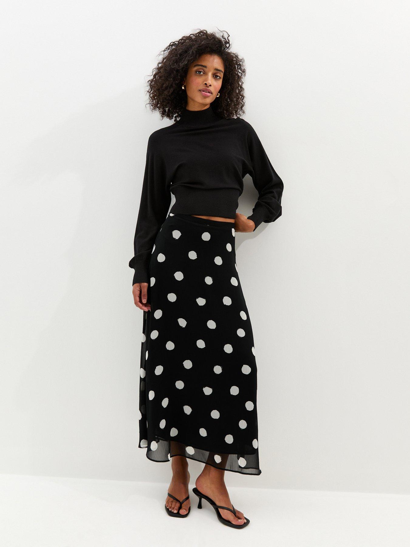 New Look Chiffon Polka Dot Bias Cut Midi Skirt - Black