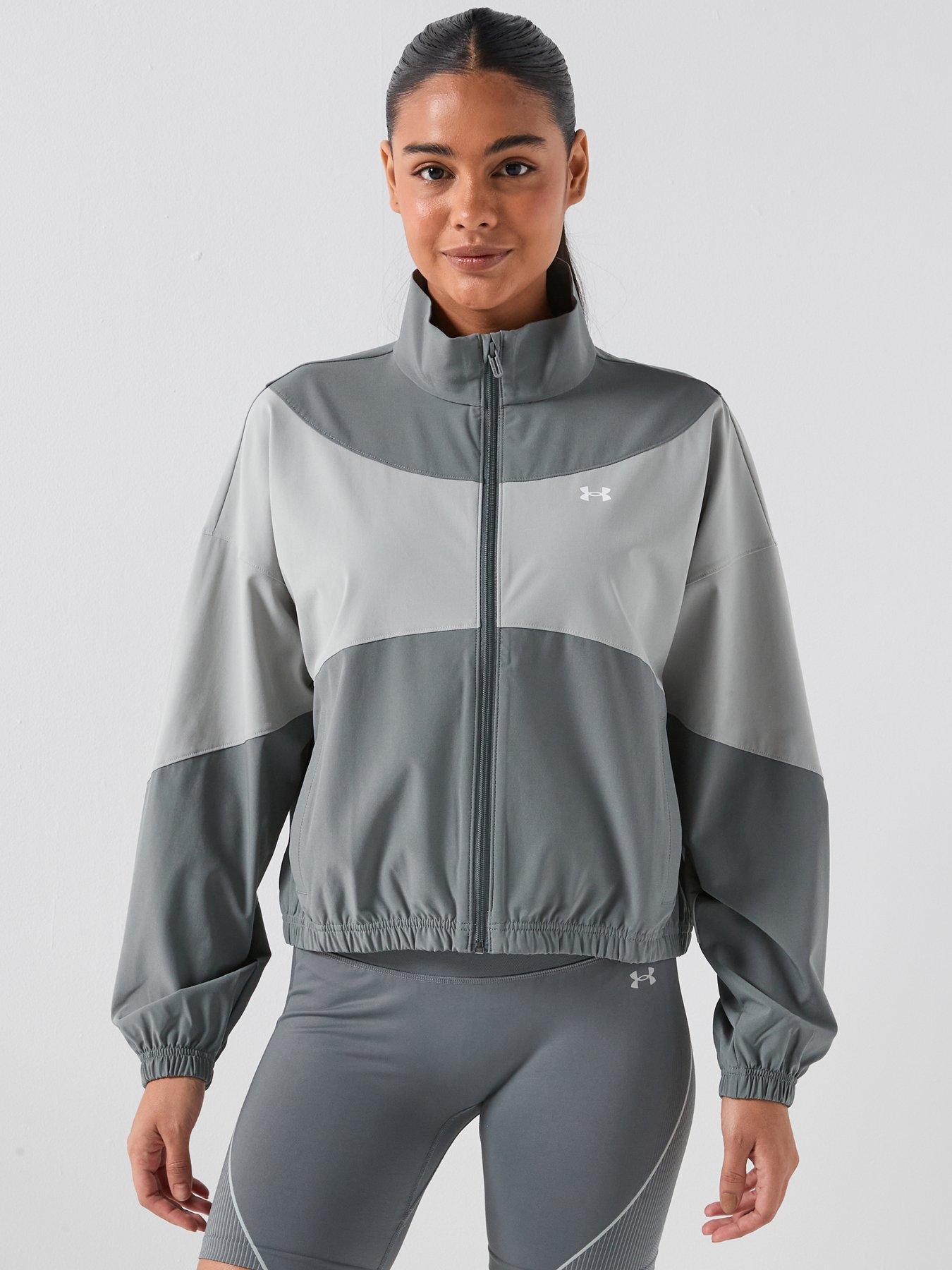 front image of under-armour-womens-rival-woven-jacket-grey