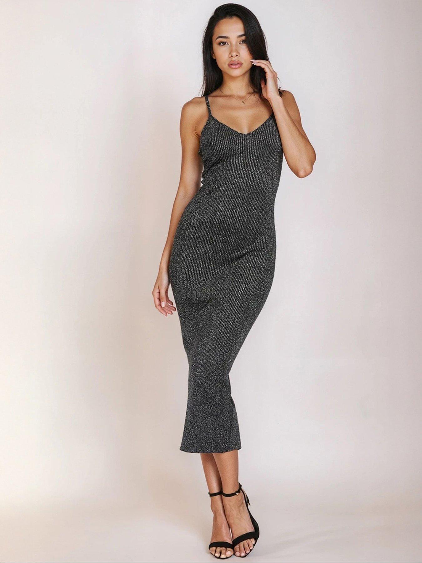  image of little-mistress-metallic-knit-ribbed-midi-dress-black