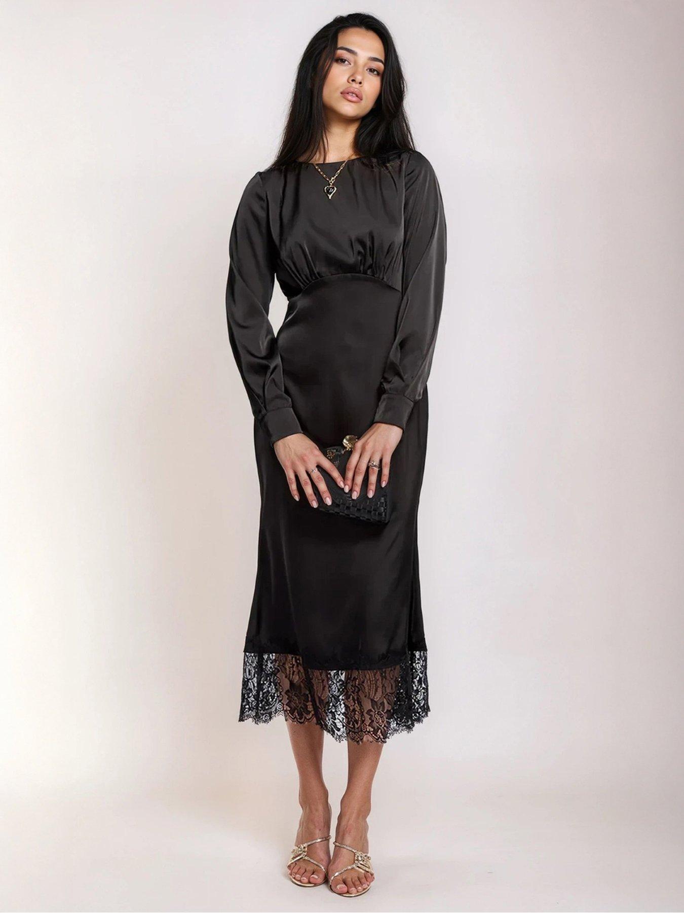 Little Mistress Black Satin And Lace Midaxi Dress