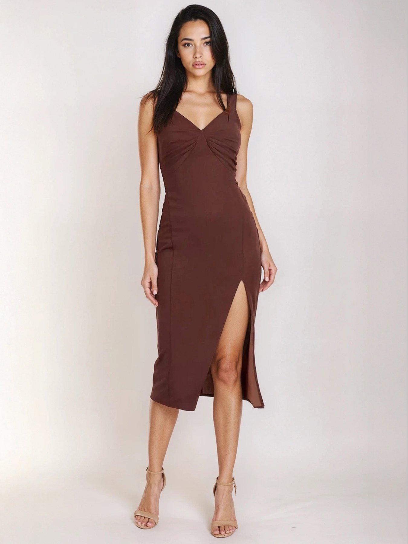  image of little-mistress-knot-front-midi-dress-chocolate-brown