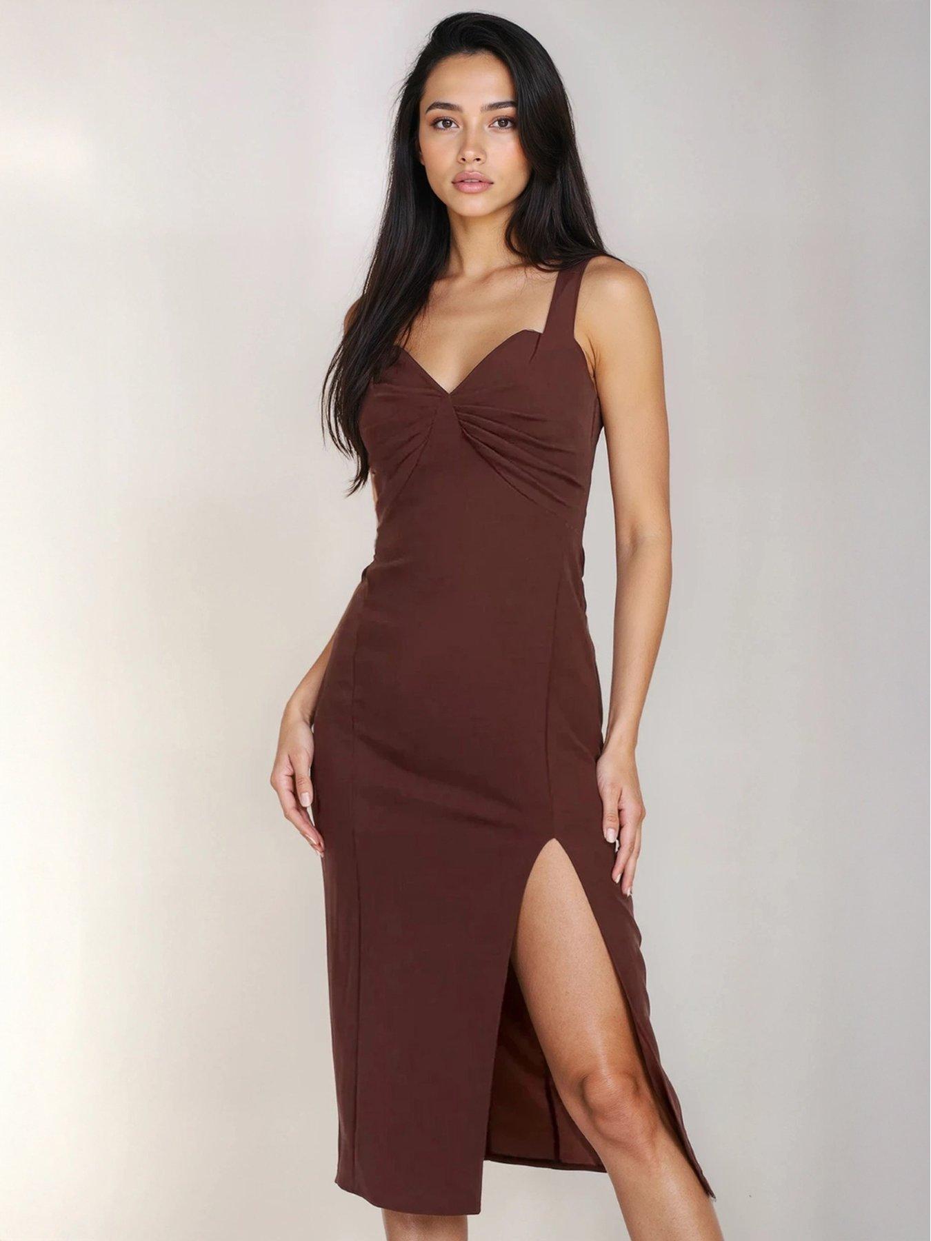  image of little-mistress-knot-front-midi-dress-chocolate-brown