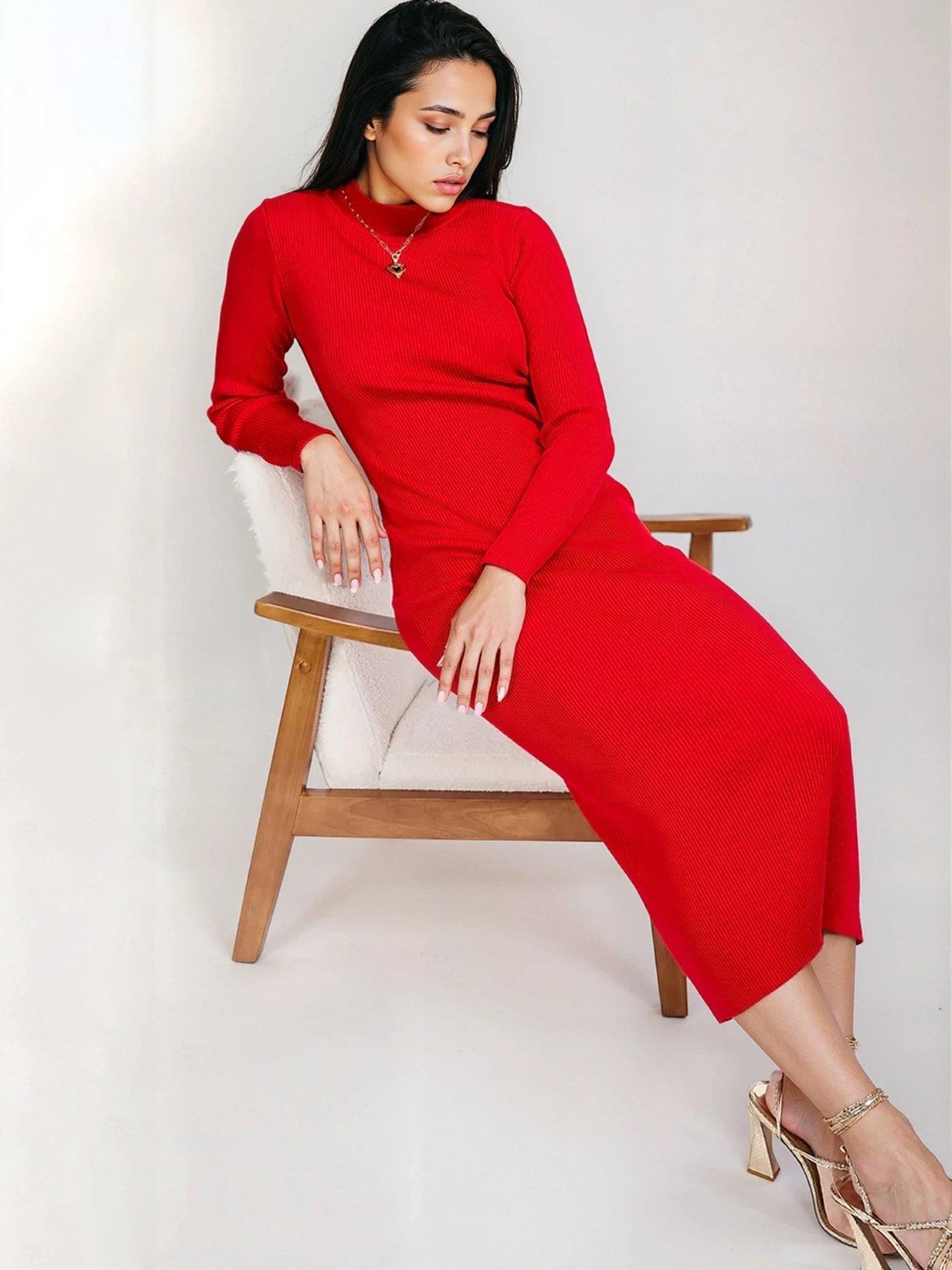  image of little-mistress-ribbed-knit-midaxi-bodycon-dress-red