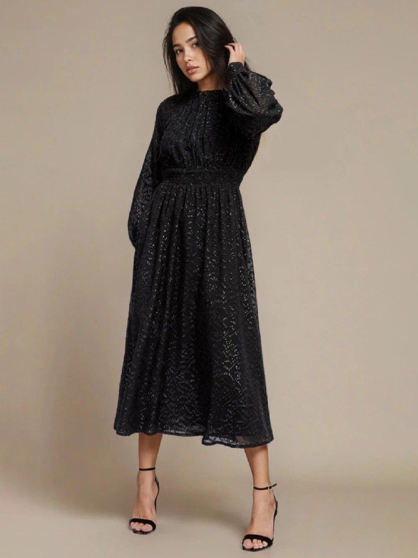 Image 1 of 3 of Little Mistress Metallic Texture Midaxi Dress - Black