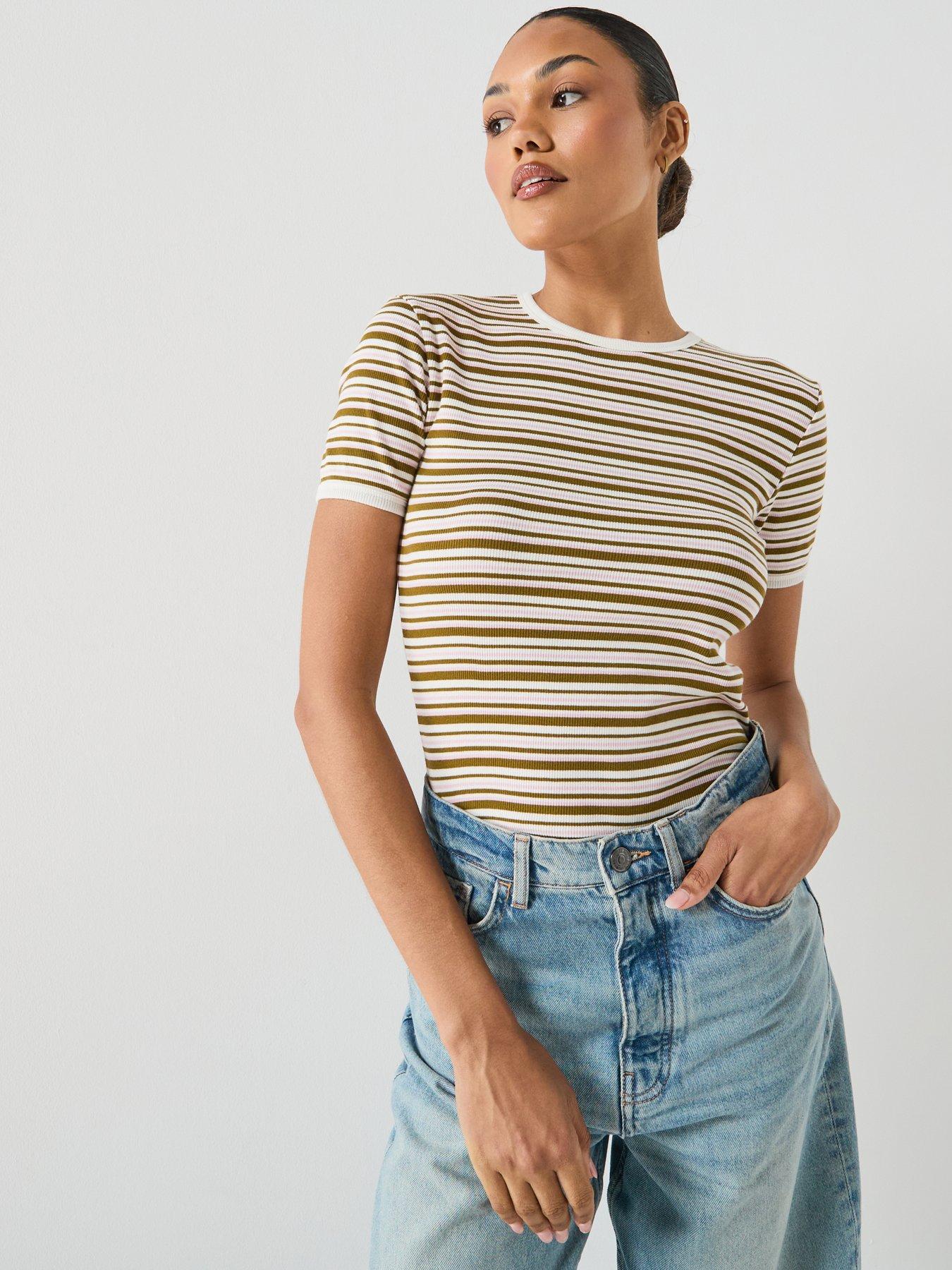 JDY Striped Short Sleeve T-Shirt - Brown