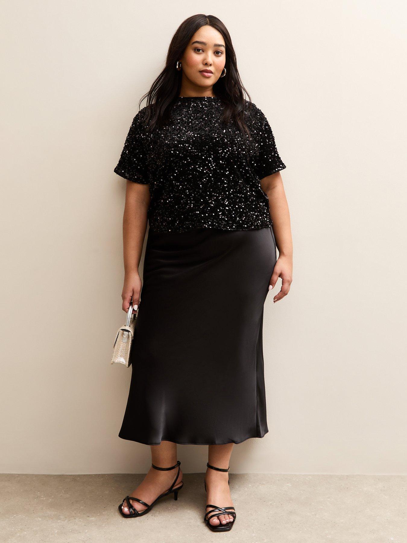 New Look Curves Satin Midi Skirt - Black
