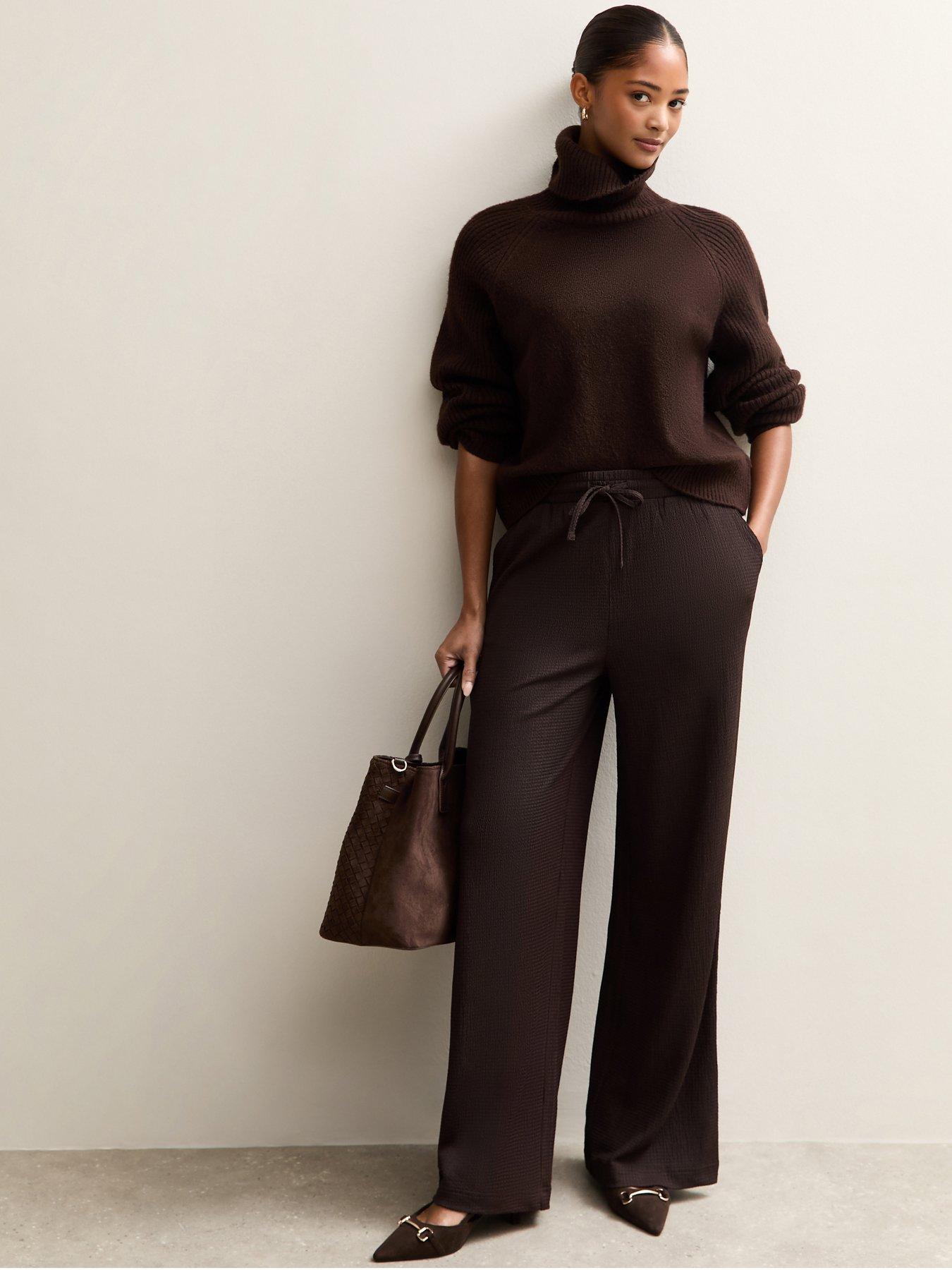 front image of new-look-textured-wide-leg-trousers-dark-brown