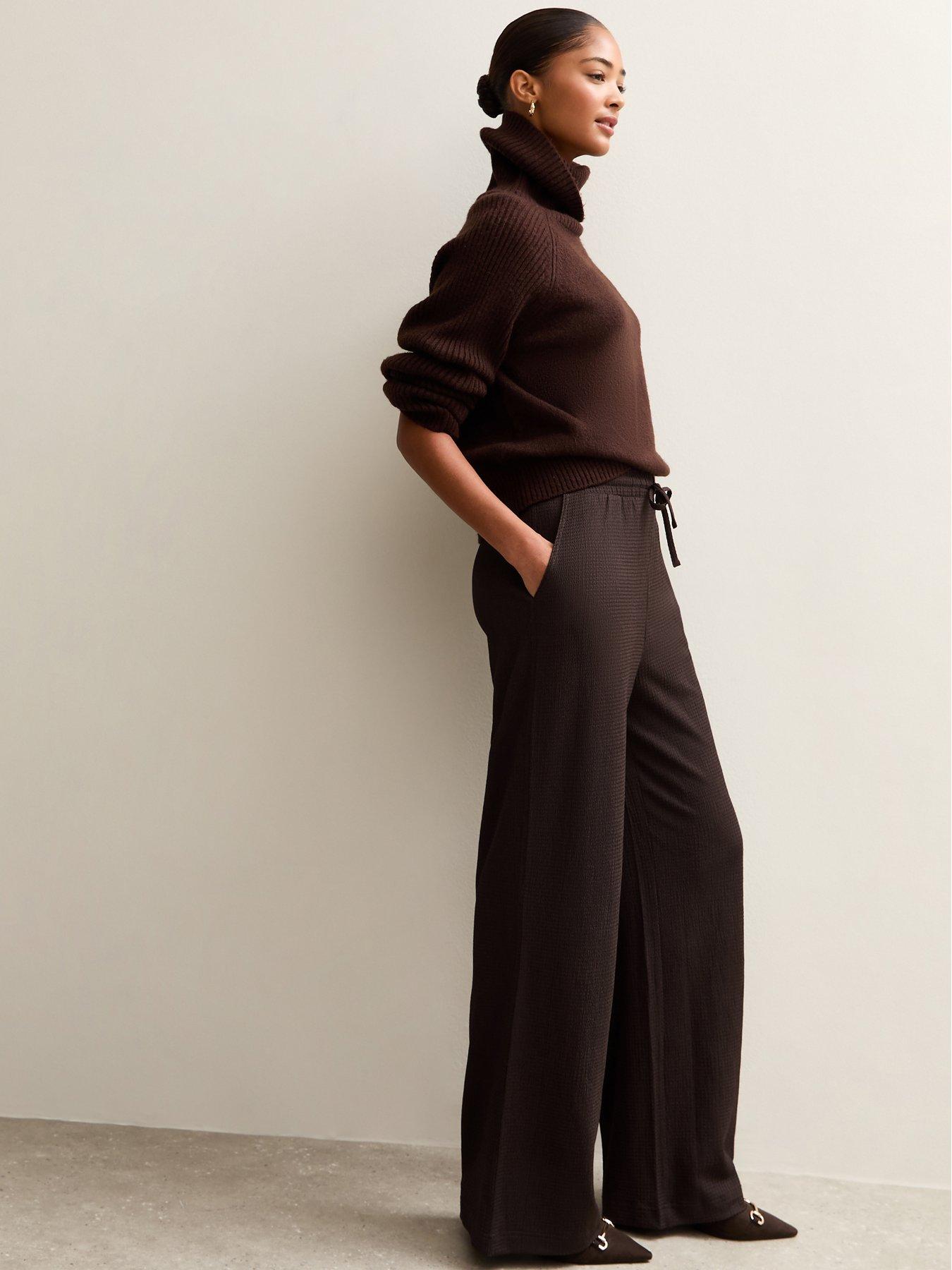  image of new-look-textured-wide-leg-trousers-dark-brown