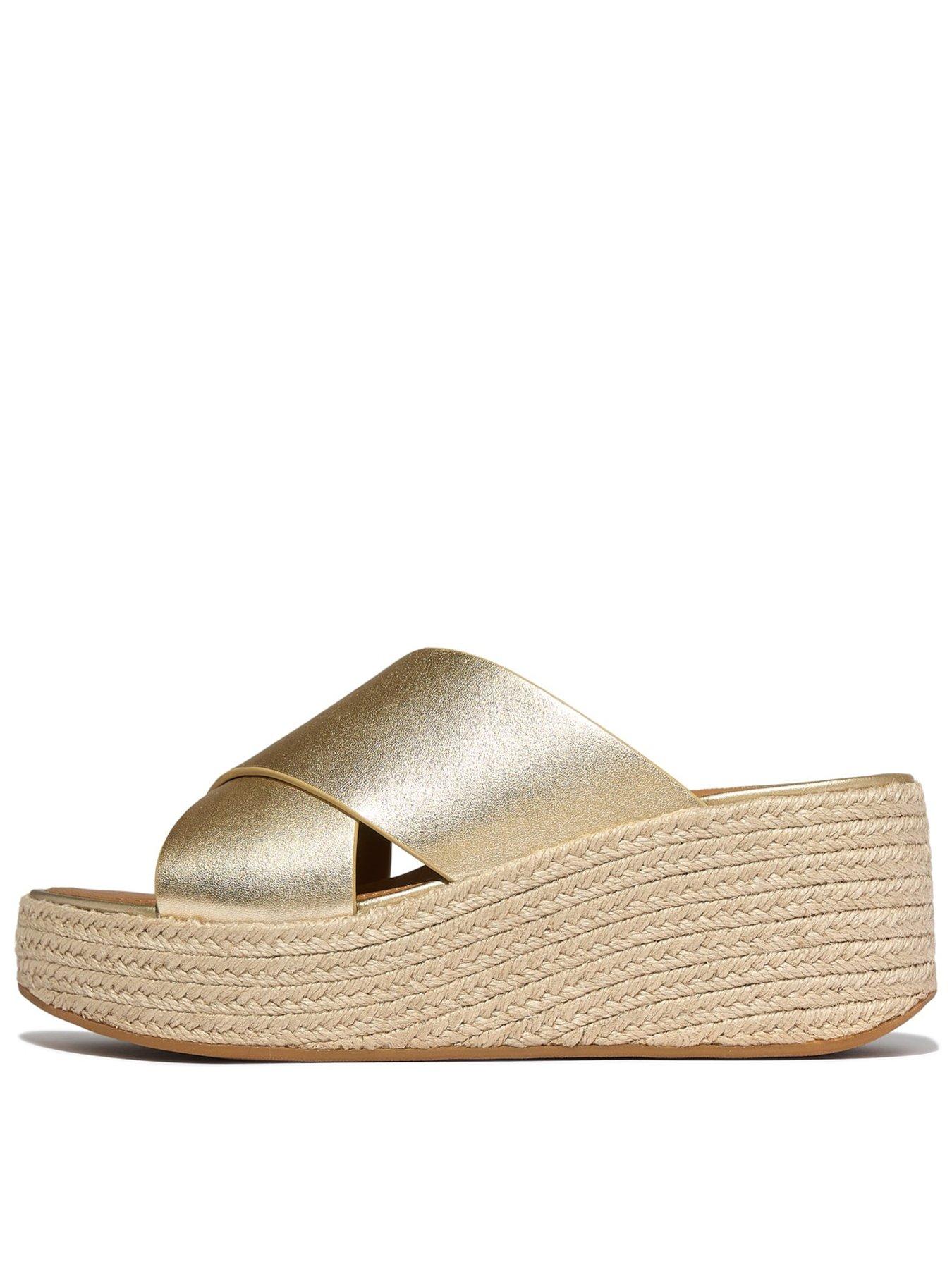 Image 1 of 6 of FitFlop Platfforms Espadrille Leather Wedge Cross Slides - Gold