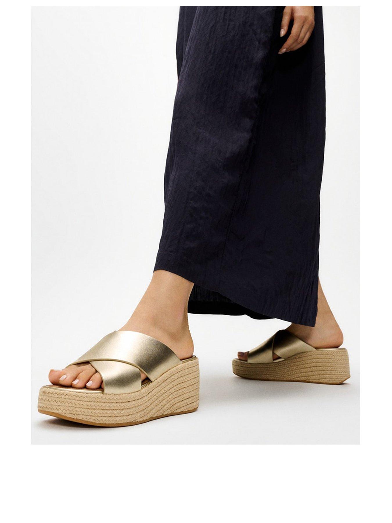 Image 2 of 6 of FitFlop Platfforms Espadrille Leather Wedge Cross Slides - Gold