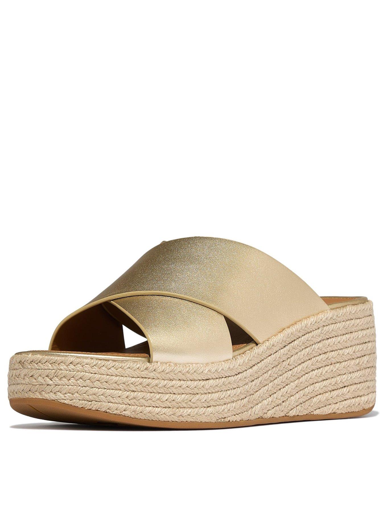 Image 3 of 6 of FitFlop Platfforms Espadrille Leather Wedge Cross Slides - Gold