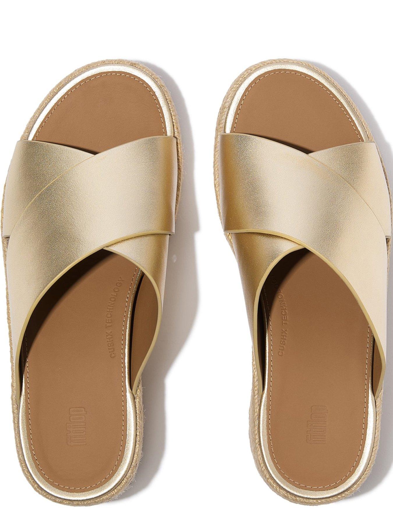 Image 4 of 6 of FitFlop Platfforms Espadrille Leather Wedge Cross Slides - Gold