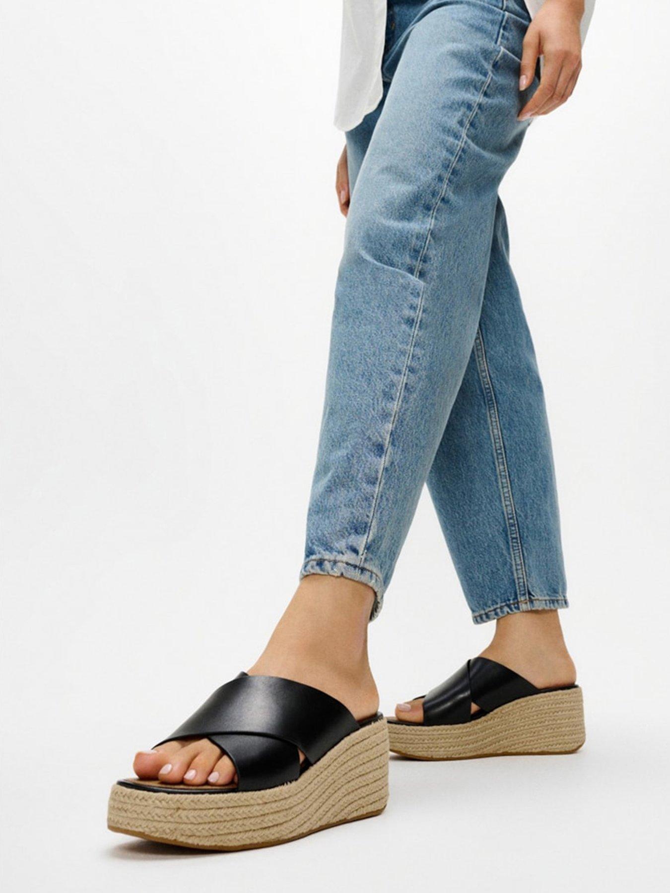 Image 1 of 6 of FitFlop Platfforms Espadrille&nbsp;Cross&nbsp;Leather Wedge Sandals - Black