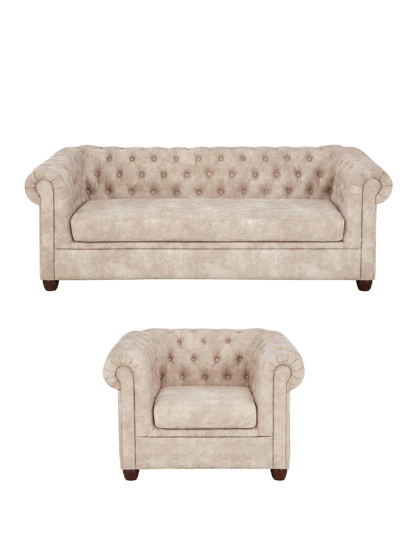 Image 1 of 5 of The Very Collection Chester Chesterfield Leather Look 3 Seater Sofa + Armchair Set - Pebble (Buy and SAVE!) - FSC&reg; Certified