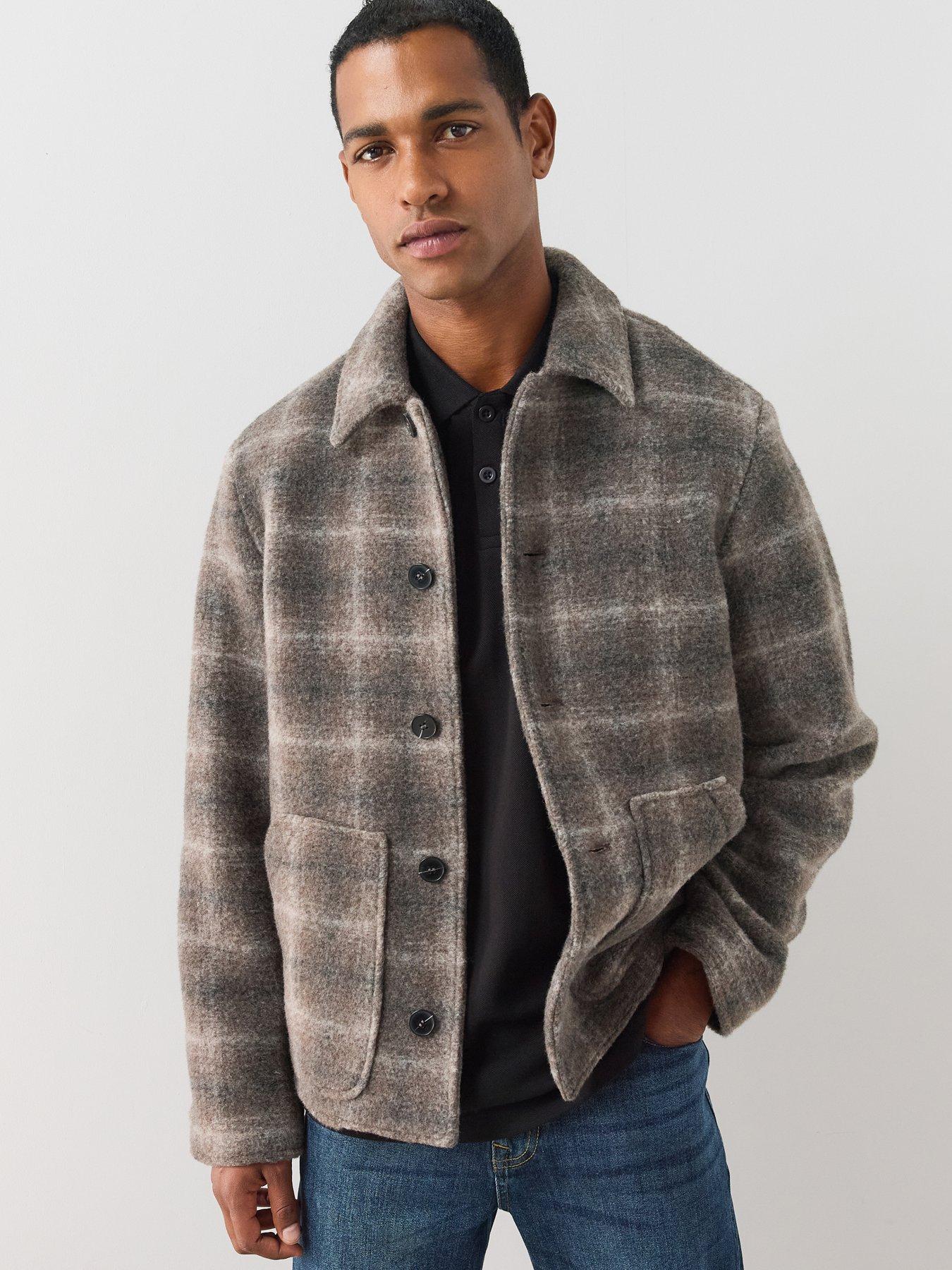 Image 1 of 7 of The Very Collection Faux Wool Button Up Checked Harrington - Brown