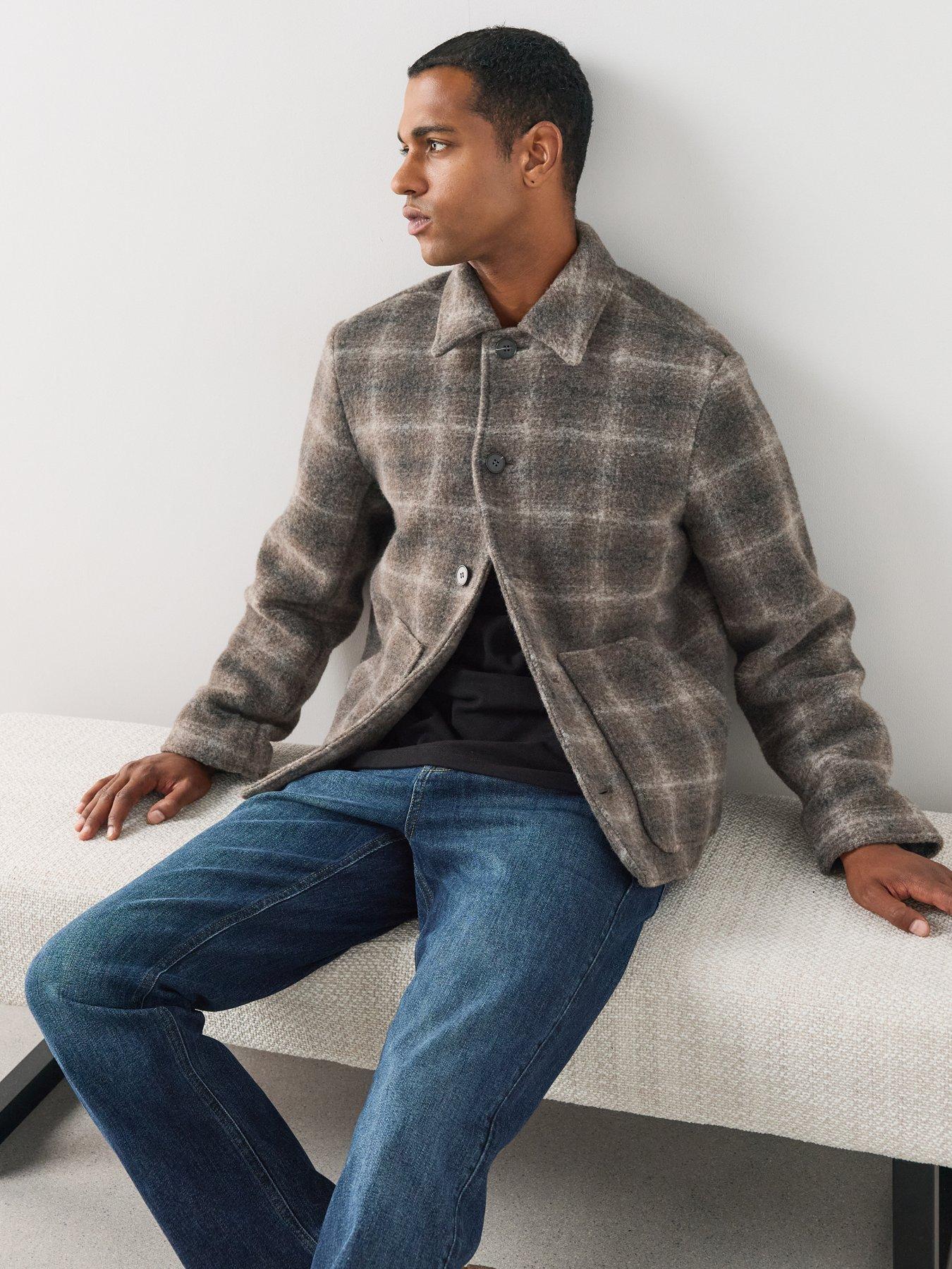 Image 6 of 7 of The Very Collection Faux Wool Button Up Checked Harrington - Brown