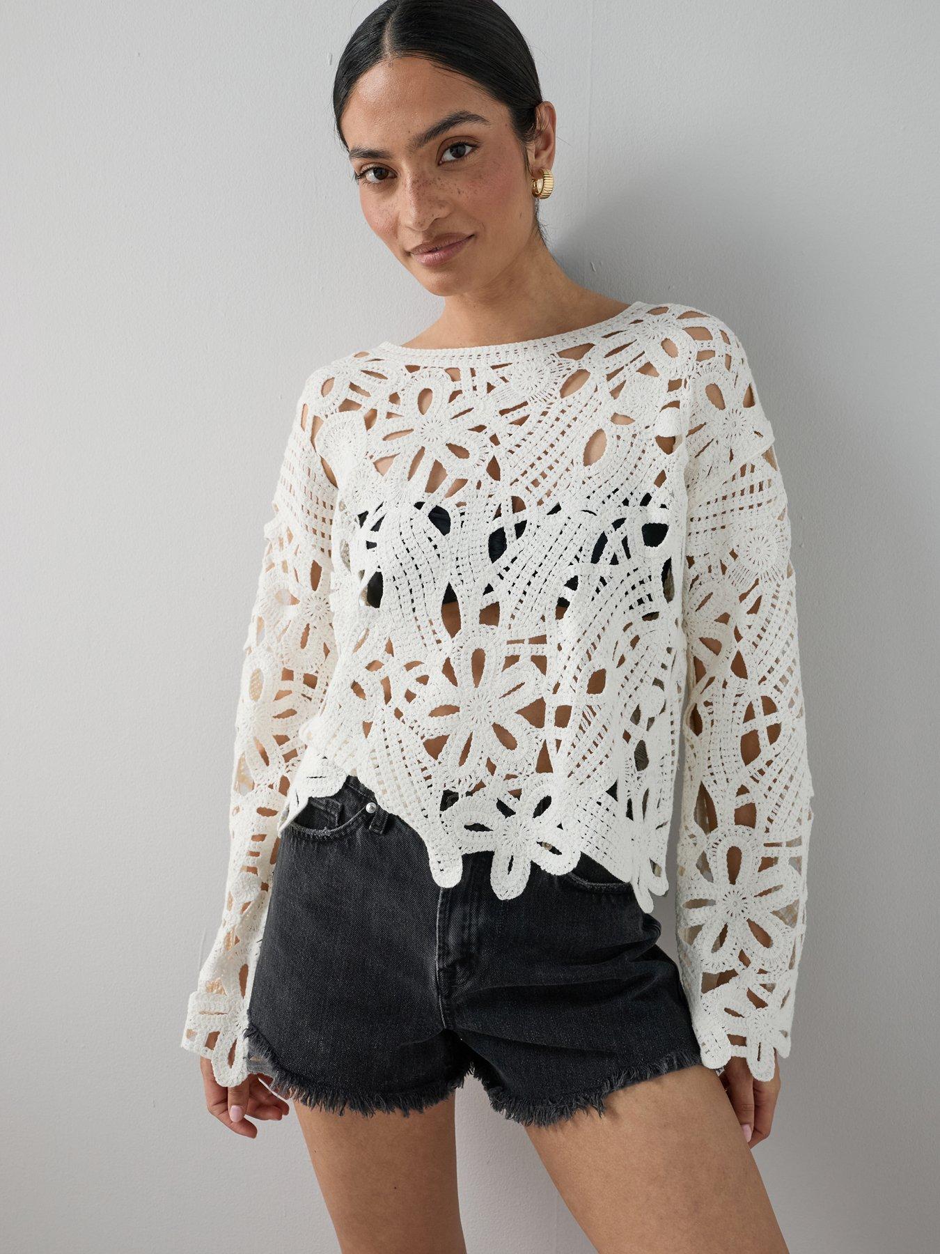 The Very Collection Cotton Rich Wide Neck Long Sleeve Crochet Knitted Top - Cream