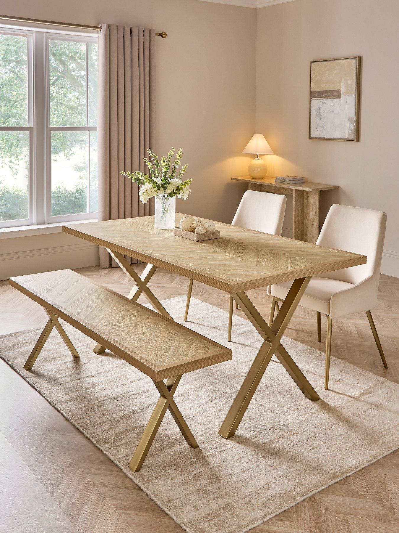 Image 1 of 7 of The Very Collection Kaia Chevron 160 cm Dining Table +&nbsp;Bench +&nbsp;2 Nala Chairs - Brass Legs - FSC&reg; Certified