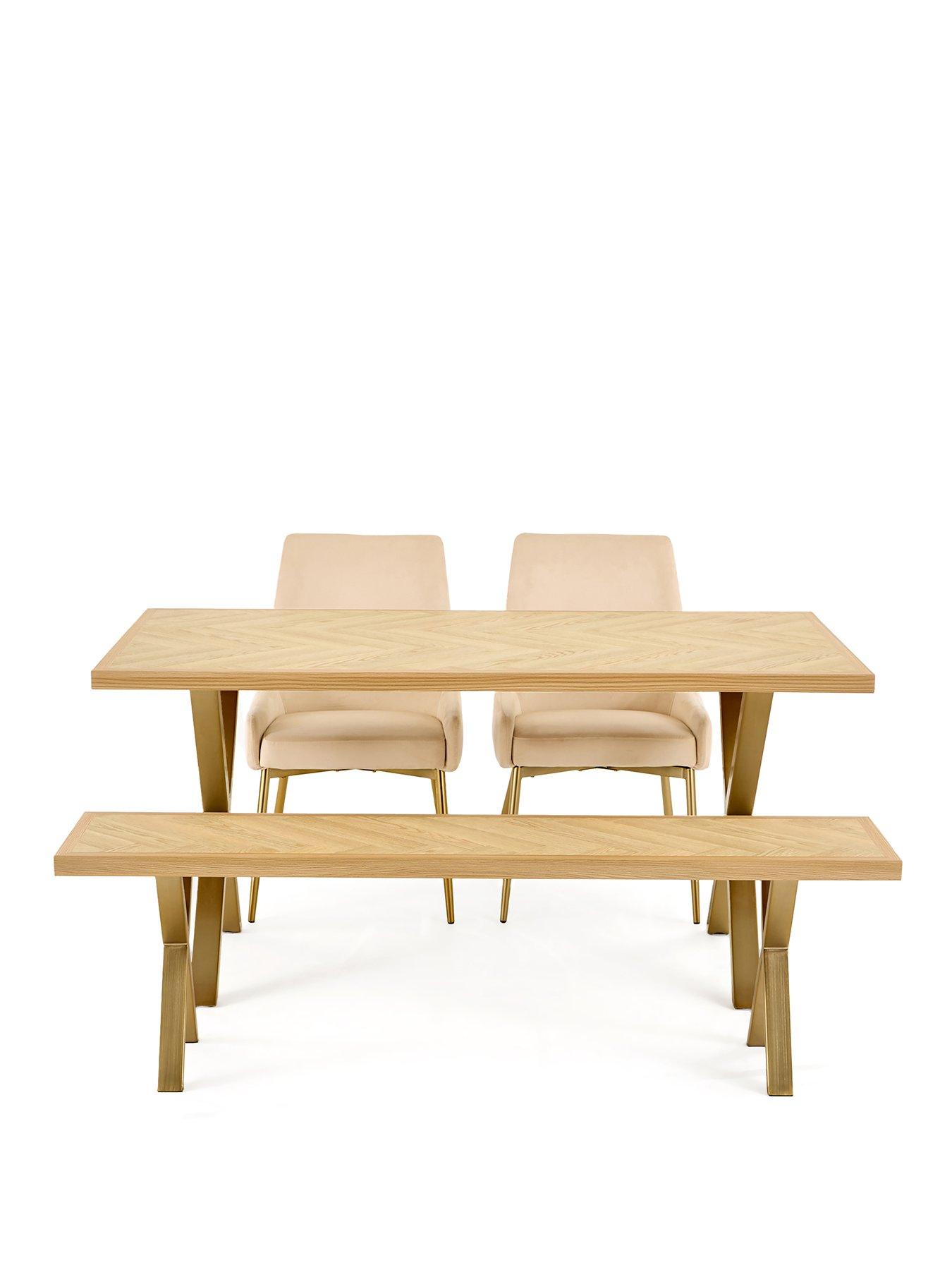 Image 2 of 7 of The Very Collection Kaia Chevron 160 cm Dining Table +&nbsp;Bench +&nbsp;2 Nala Chairs - Brass Legs - FSC&reg; Certified