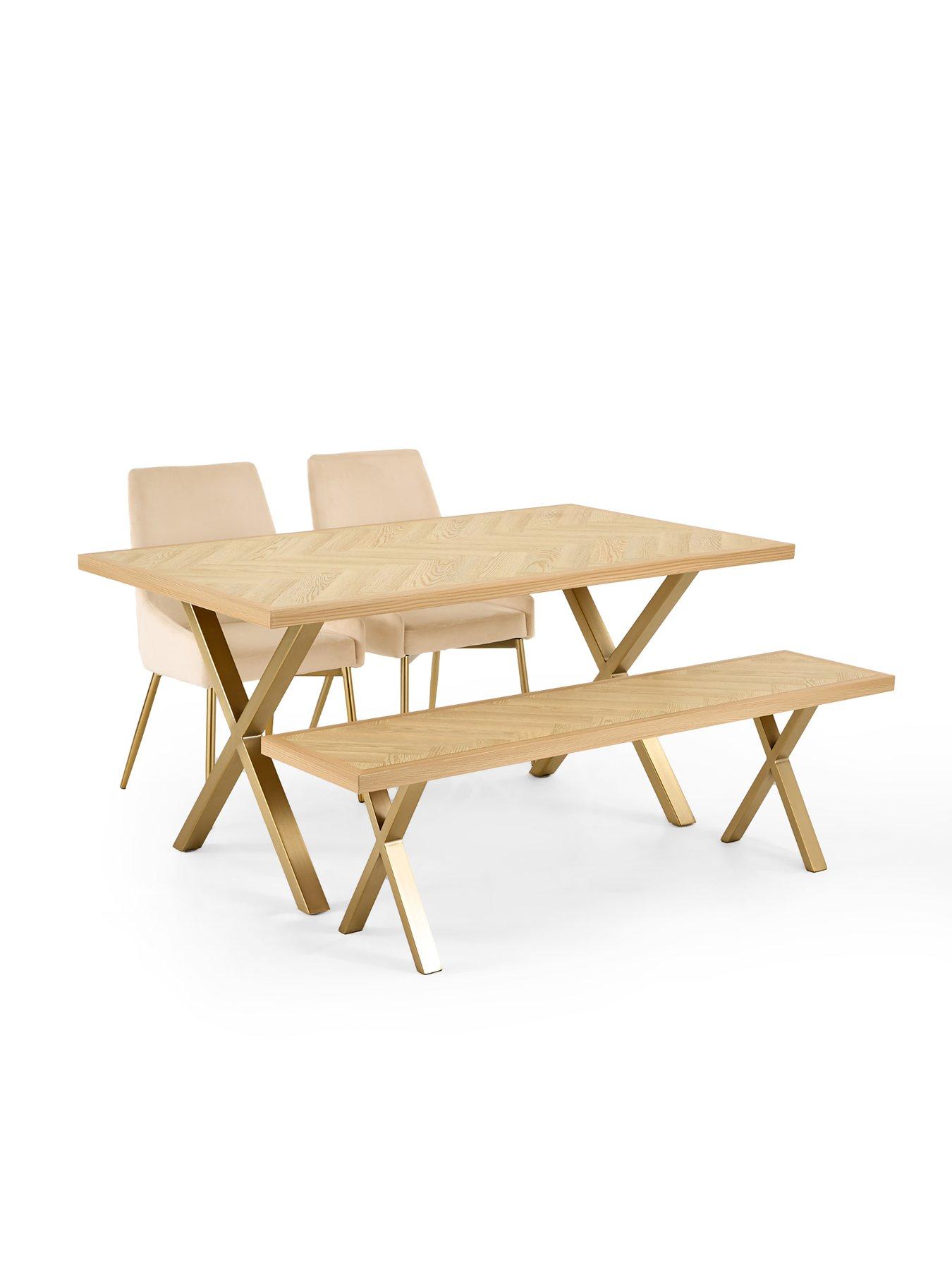 Image 3 of 7 of The Very Collection Kaia Chevron 160 cm Dining Table +&nbsp;Bench +&nbsp;2 Nala Chairs - Brass Legs - FSC&reg; Certified