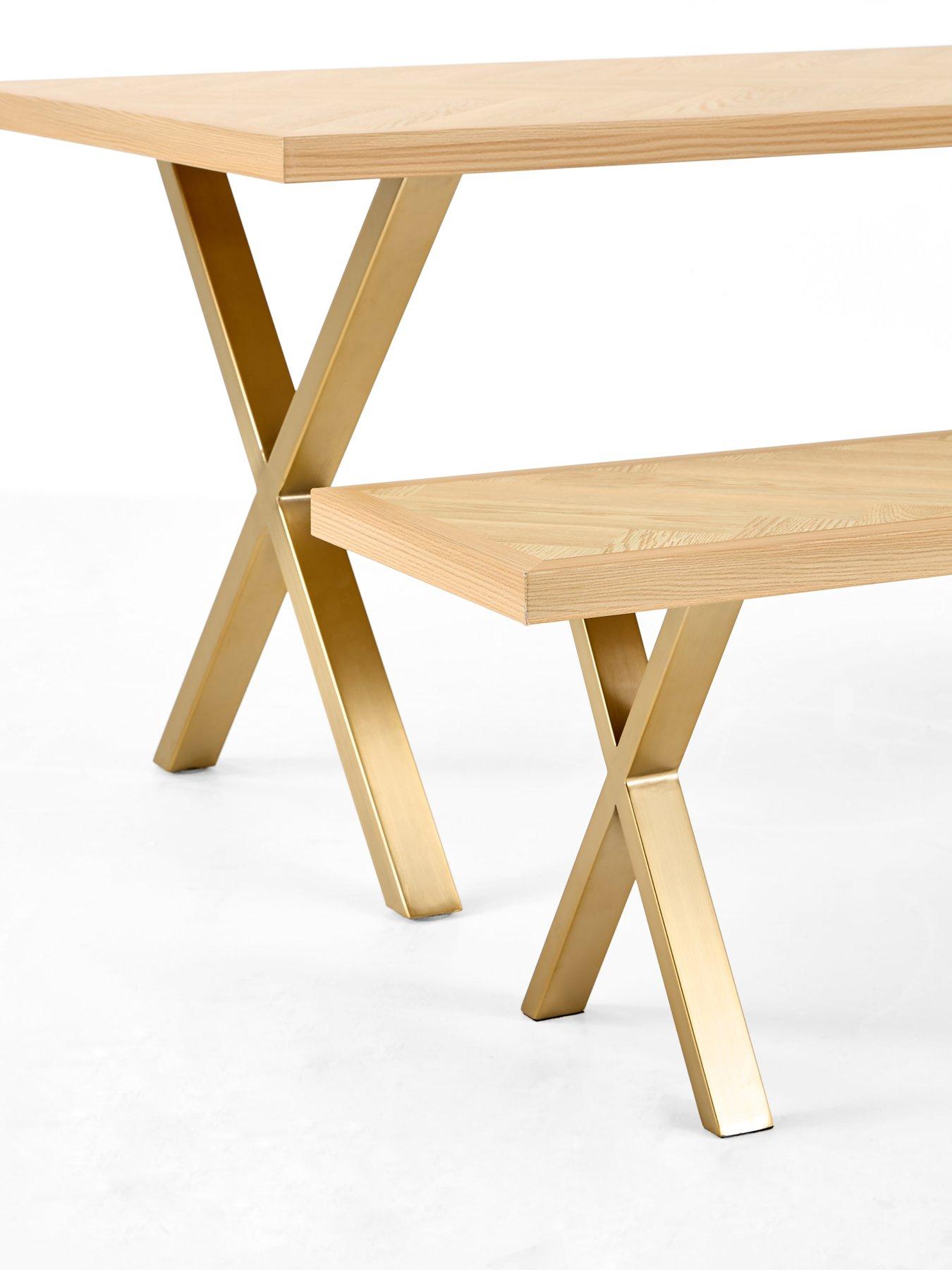 Image 4 of 7 of The Very Collection Kaia Chevron 160 cm Dining Table +&nbsp;Bench +&nbsp;2 Nala Chairs - Brass Legs - FSC&reg; Certified