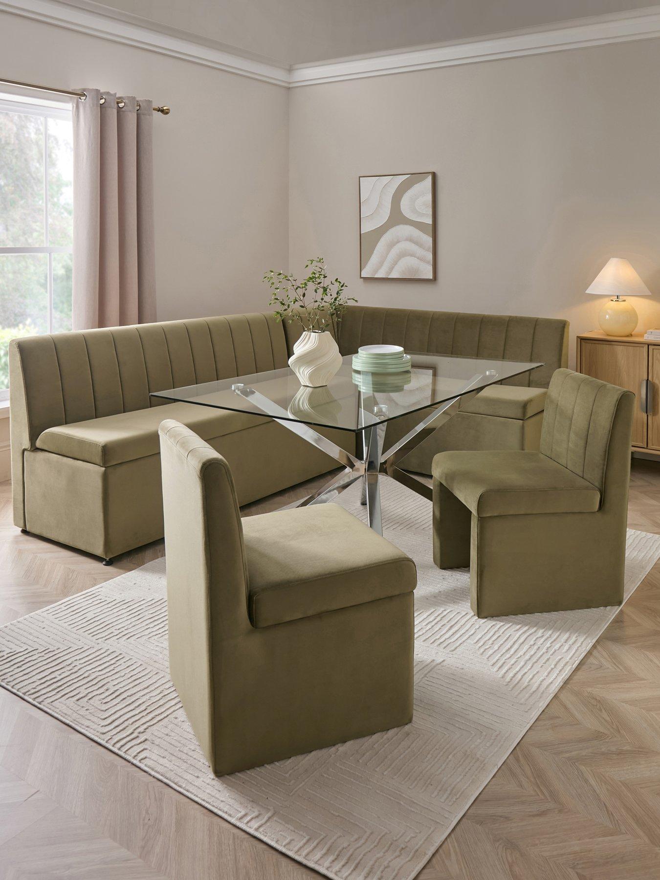 Image 1 of 7 of The Very Collection Sander Corner Storage Bench&nbsp;with Chopstick 160 cm Chrome&nbsp;Rectangular Dining Table and&nbsp;2 Sander Chairs - Moss Green/Chrome