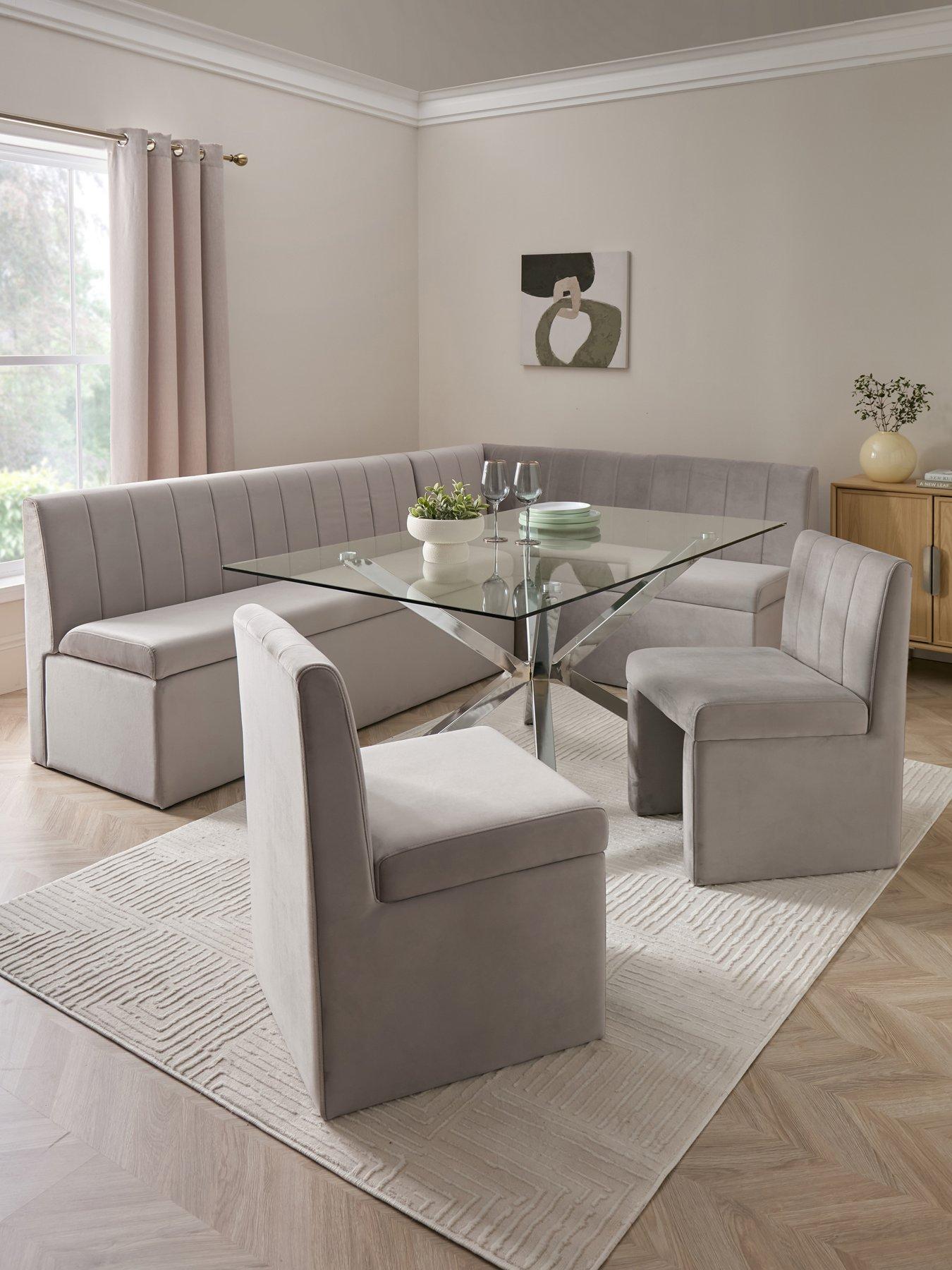 The Very Collection Sander Corner Storage Booth With Chopstick 160cm Chrome Rectangular Dining Table and 2 Sander Chairs - Grey/Chrome - FSC® Certified