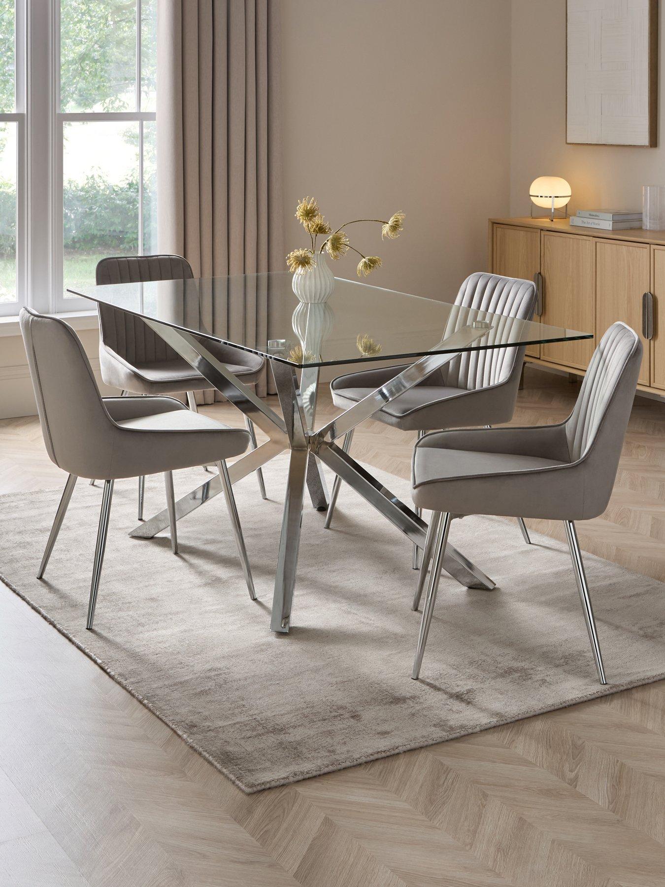 Image 1 of 7 of The Very Collection Chopstick Chrome 160cm Rectangular Dining Table & 4 Alisha Grey/chrome Chairs