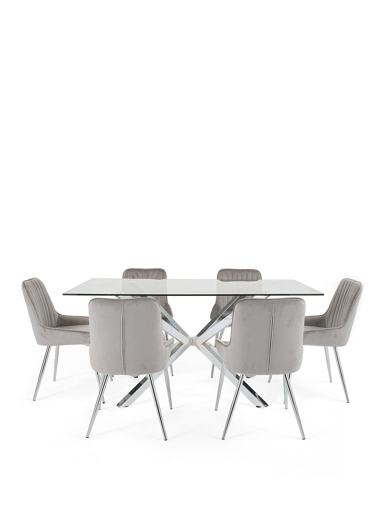  image of the-very-collection-chopstick-chrome-160-cm-rectangular-glass-topnbspdining-table-nbsp6-alisha-greychrome-chairs
