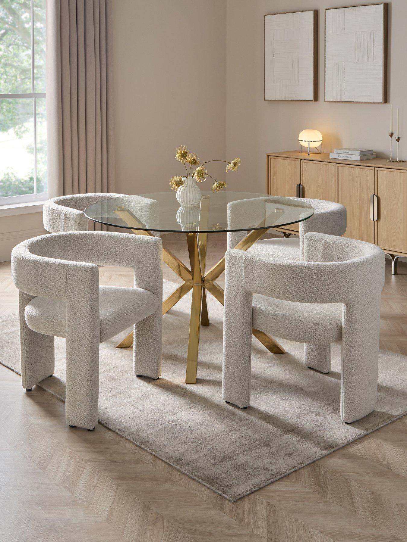 The Very Collection Chopstick 120cm Brass Dining Table  &  4 Nell Boucle Dining Chairs