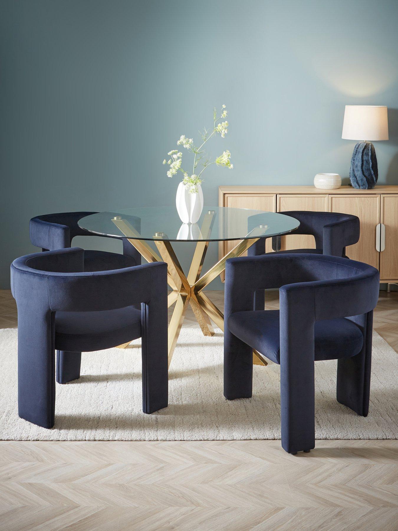 The Very Collection Chopstick 120cm Brass Dining Table & 4 Nell Navy Dining Chairs