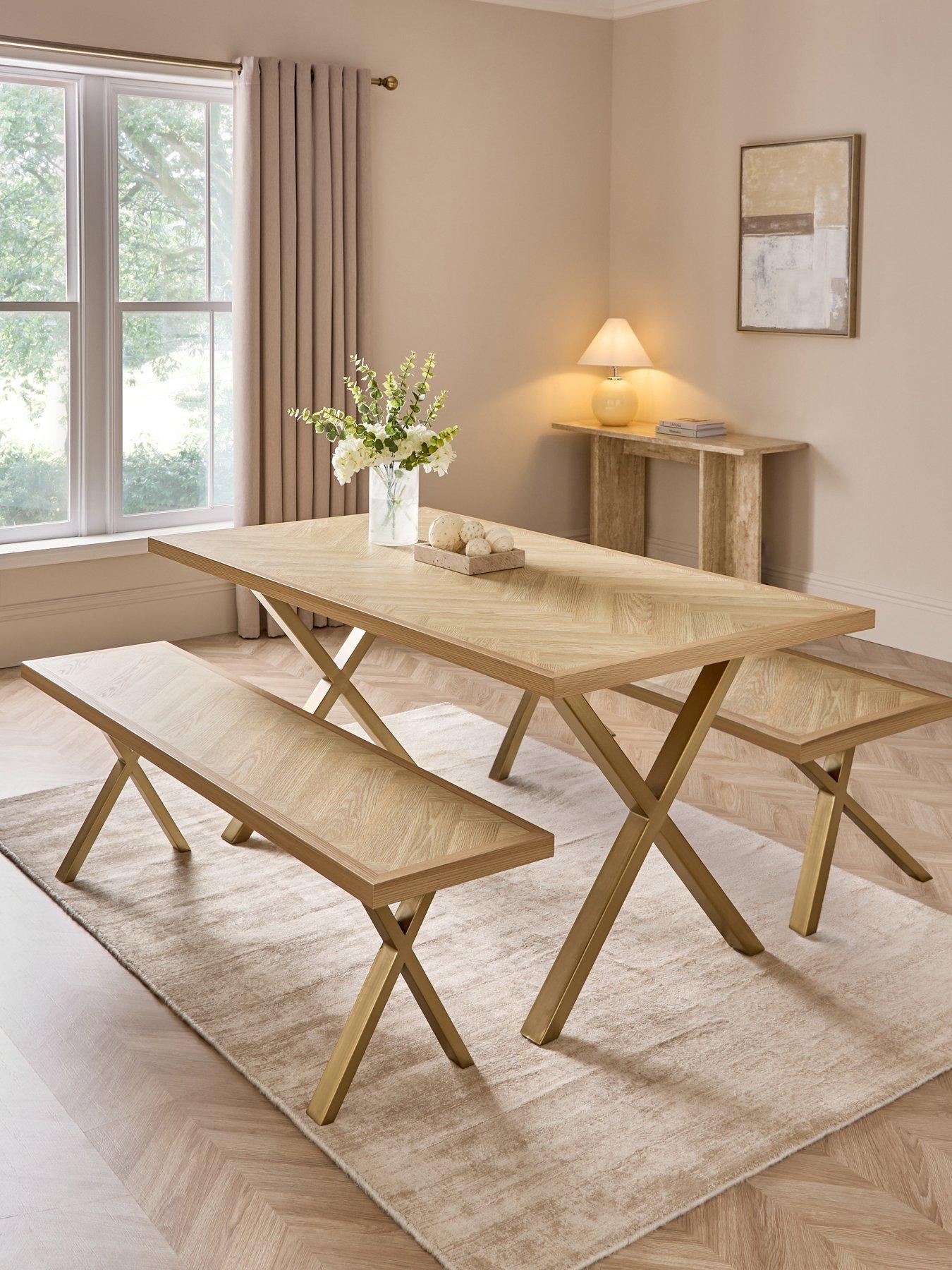 The Very Collection Kaia Chevron 160 cm Dining Table + 2 Benches with Brass Legs - FSC® Certified
