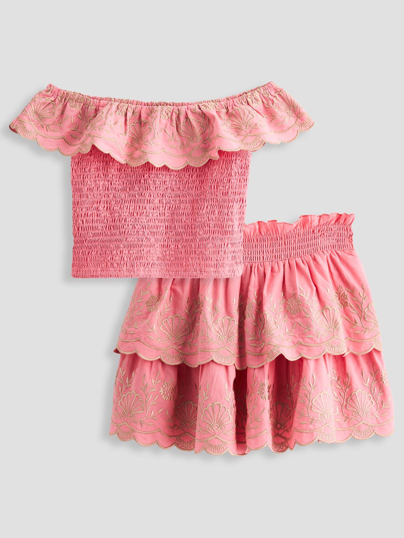 The Very Collection Girls Shirred Frill Top With Shorts Set - Beige