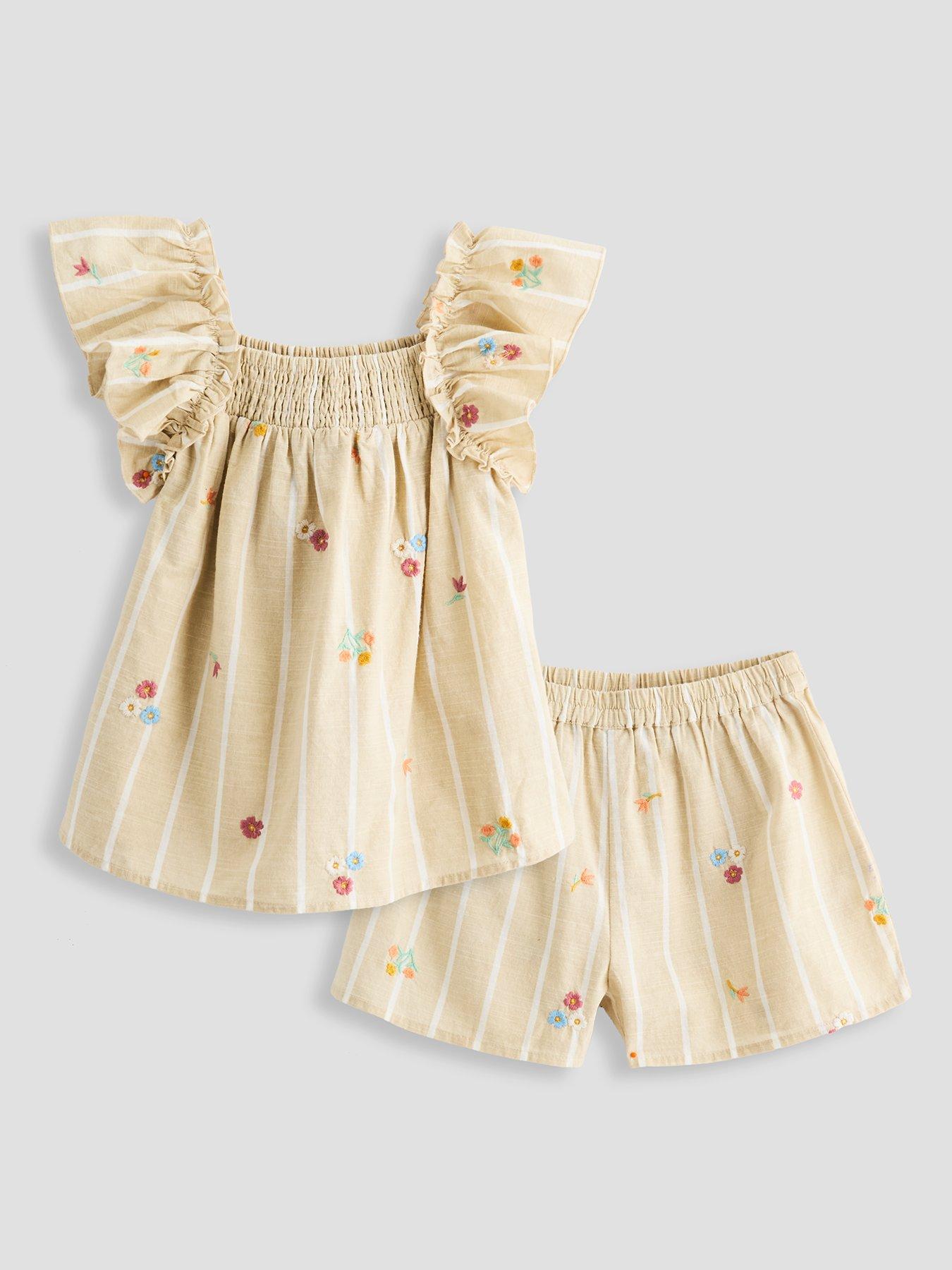 The Very Collection Girls Stripe And Embroidered Top And Short Outfit - Beige